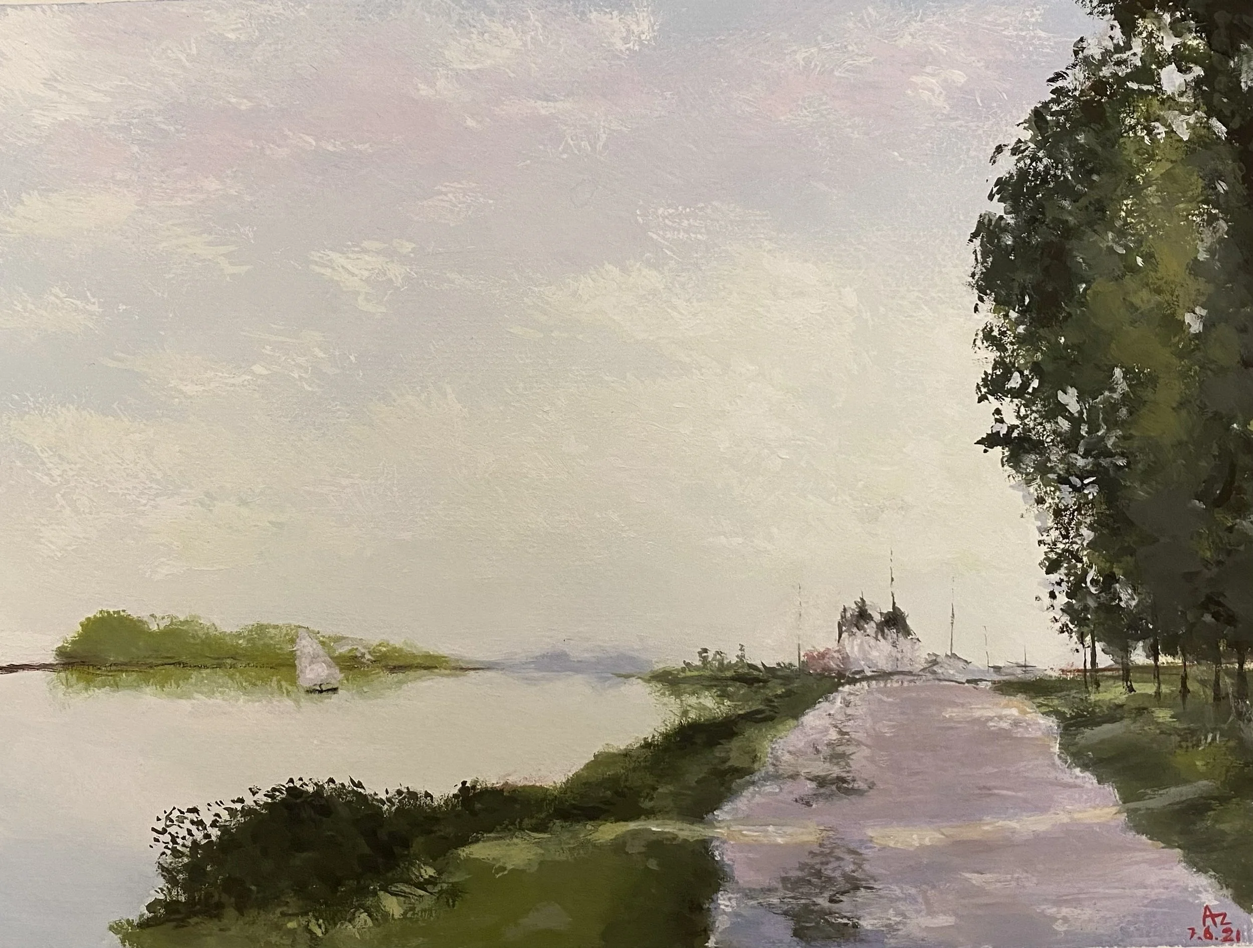 A watercolor painting of a landscape with a cloudy sky, a calm lake, and trees along the shoreline.
