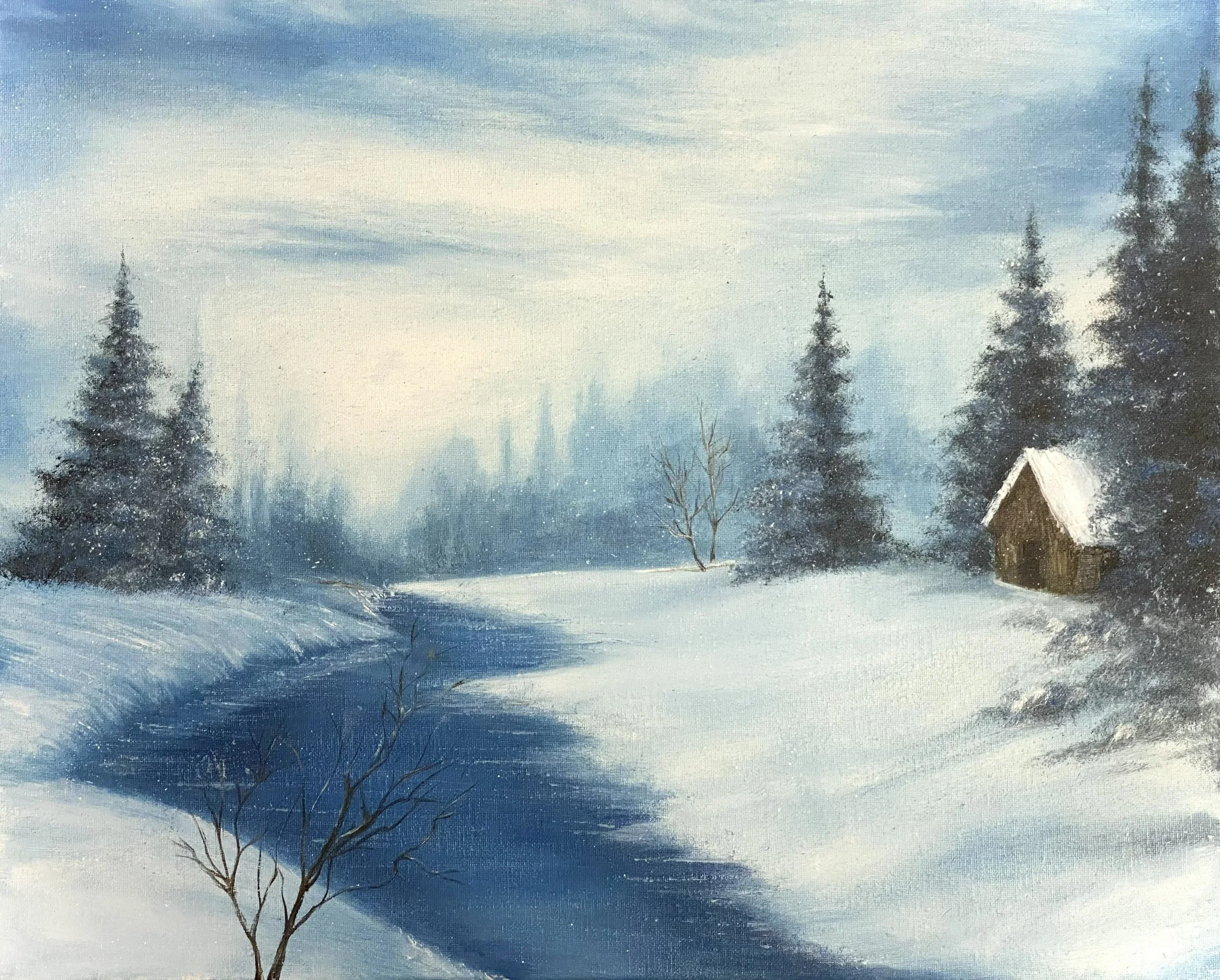 A painting of a winter landscape with snow-covered ground, faintly painted trees, and a small cabin with a snow-covered roof under a cloudy sky.