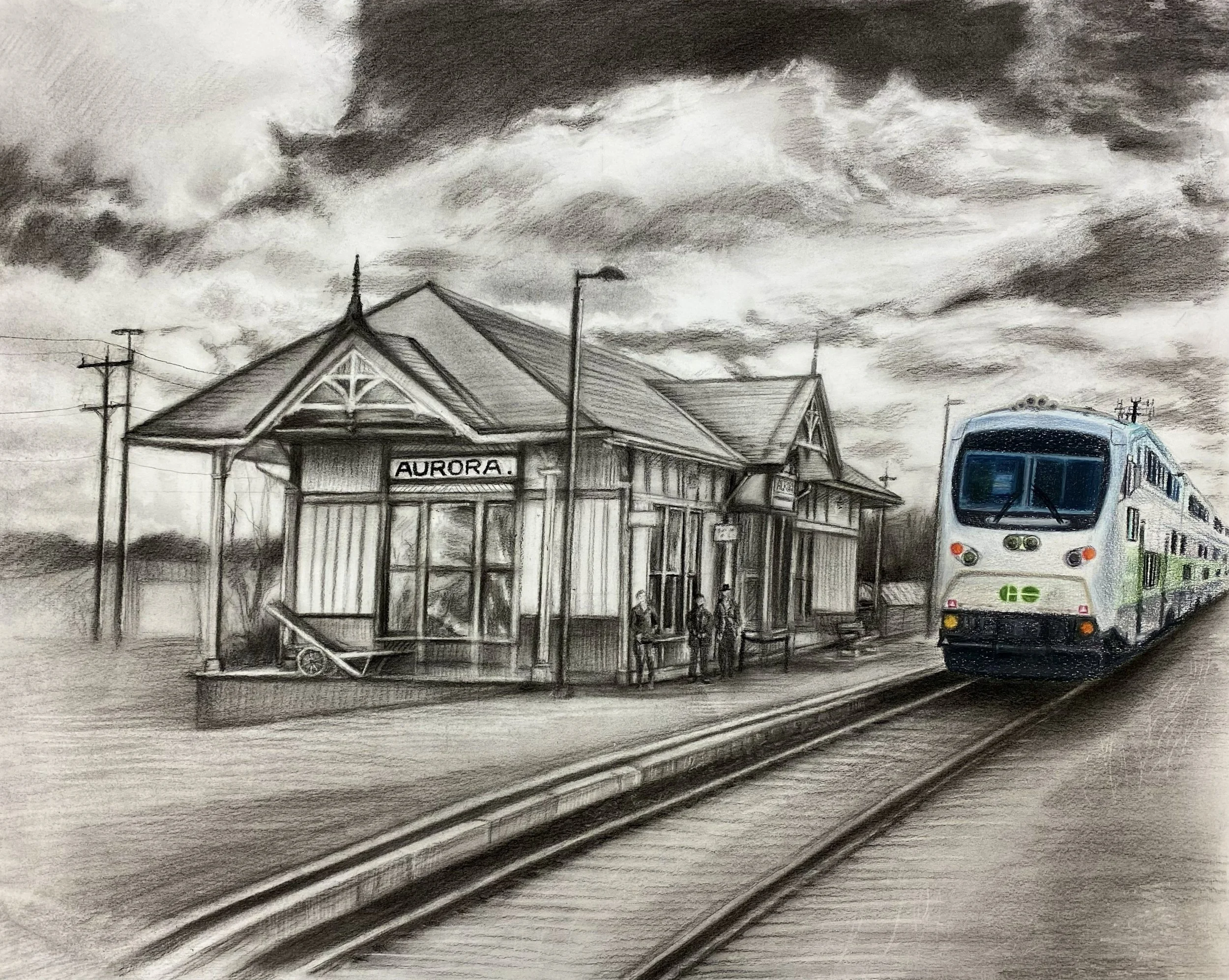 Black and white drawing of a train station with a train on the track and a building labeled 'Aurora' in front of the train. Power lines and an overcast sky with dark clouds are visible.
