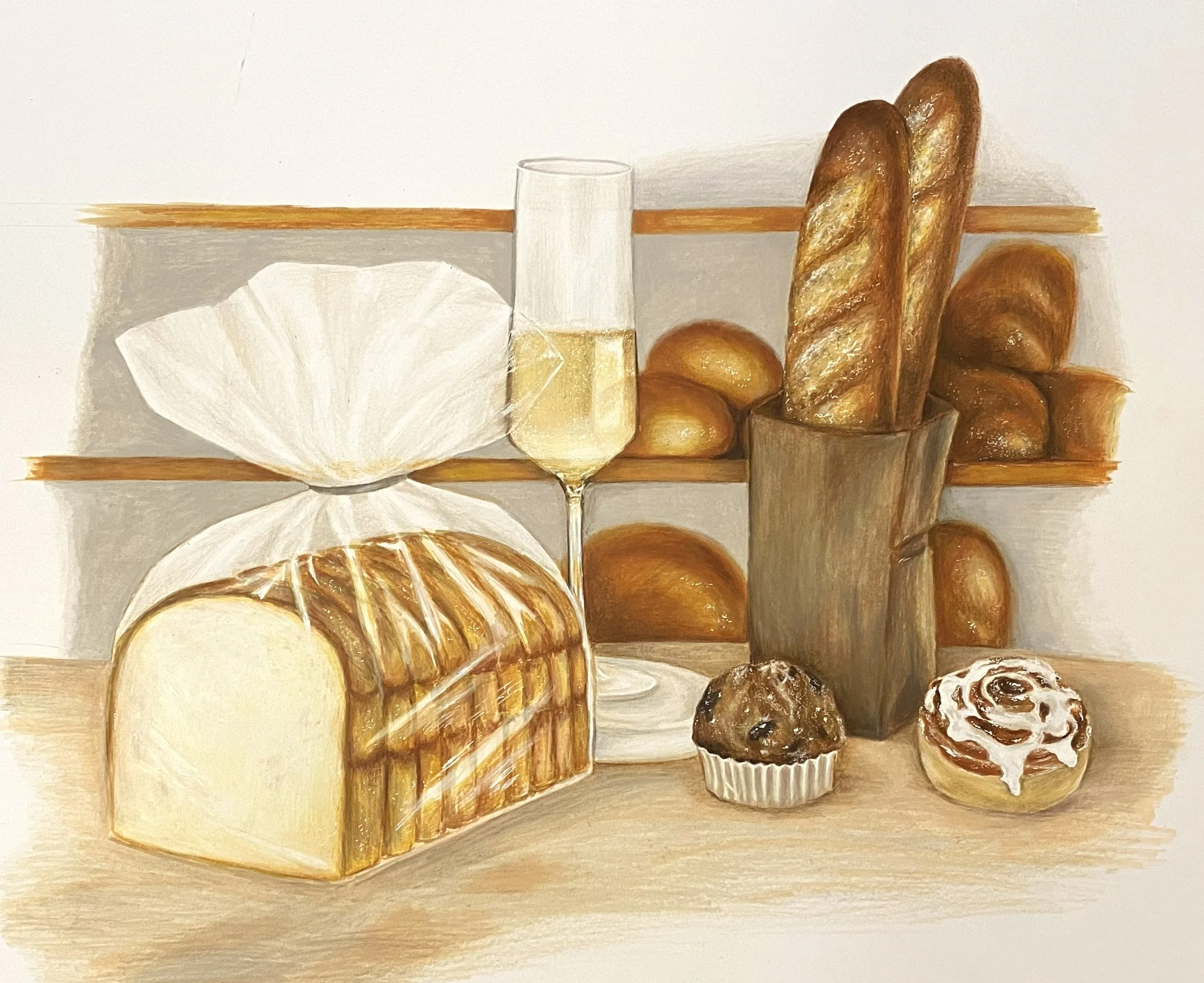 A still life painting of baked goods on a table, including baguettes, bread loaves, croissants, muffins and a glass of white wine.
