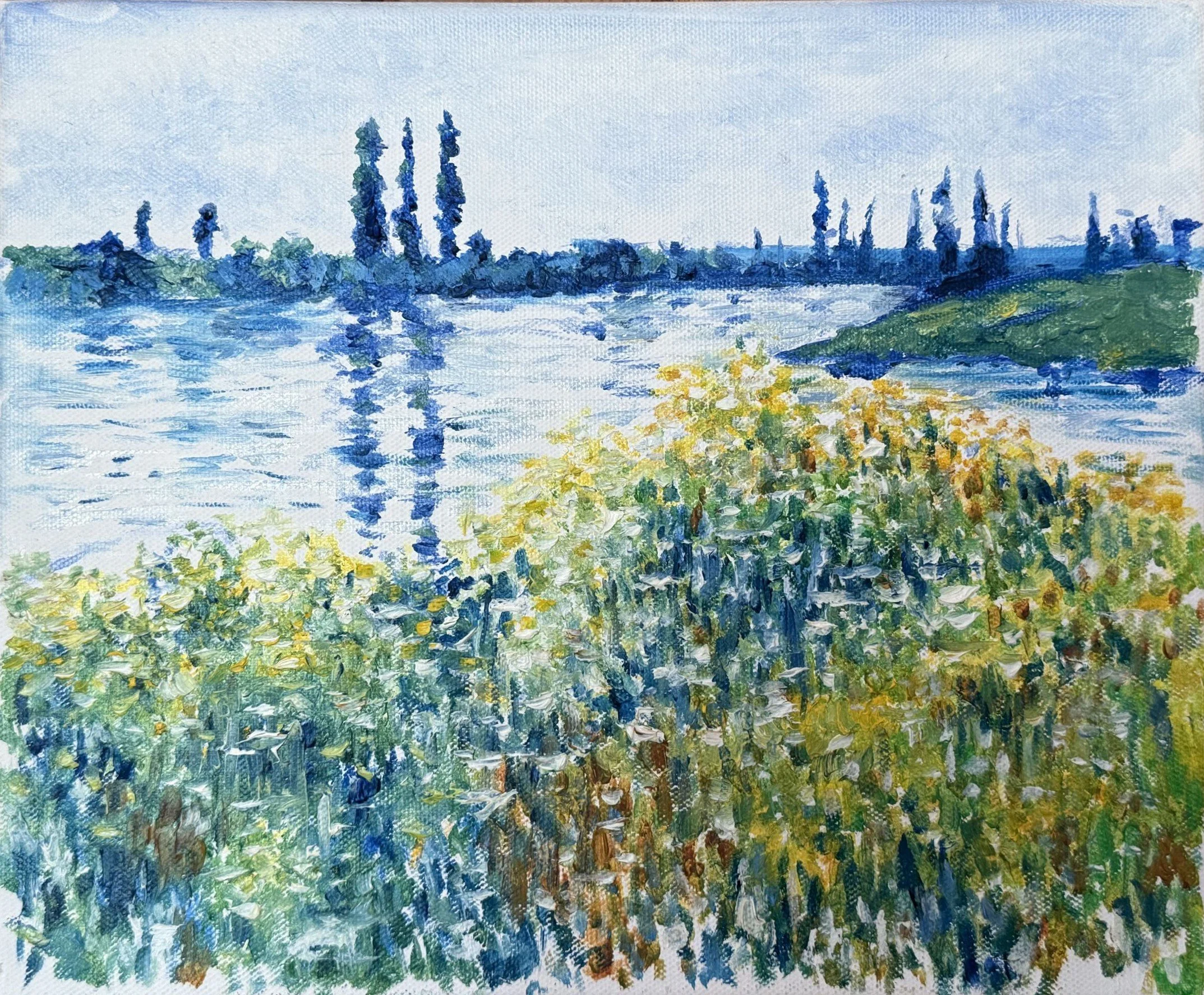 Impressionism style landscape of a river with greenery and trees in the background under a cloudy sky.