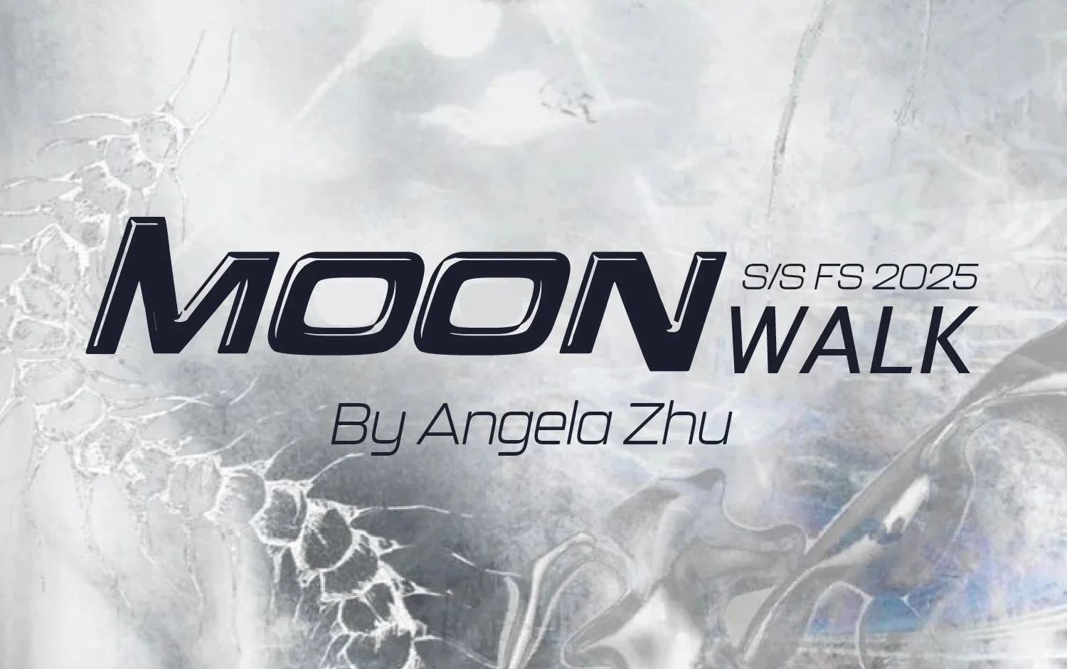 Graphic design poster for 'MOON WALK' by Angela Zhu, featuring a light gray and white background with moon and botanical illustrations, and bold black text.