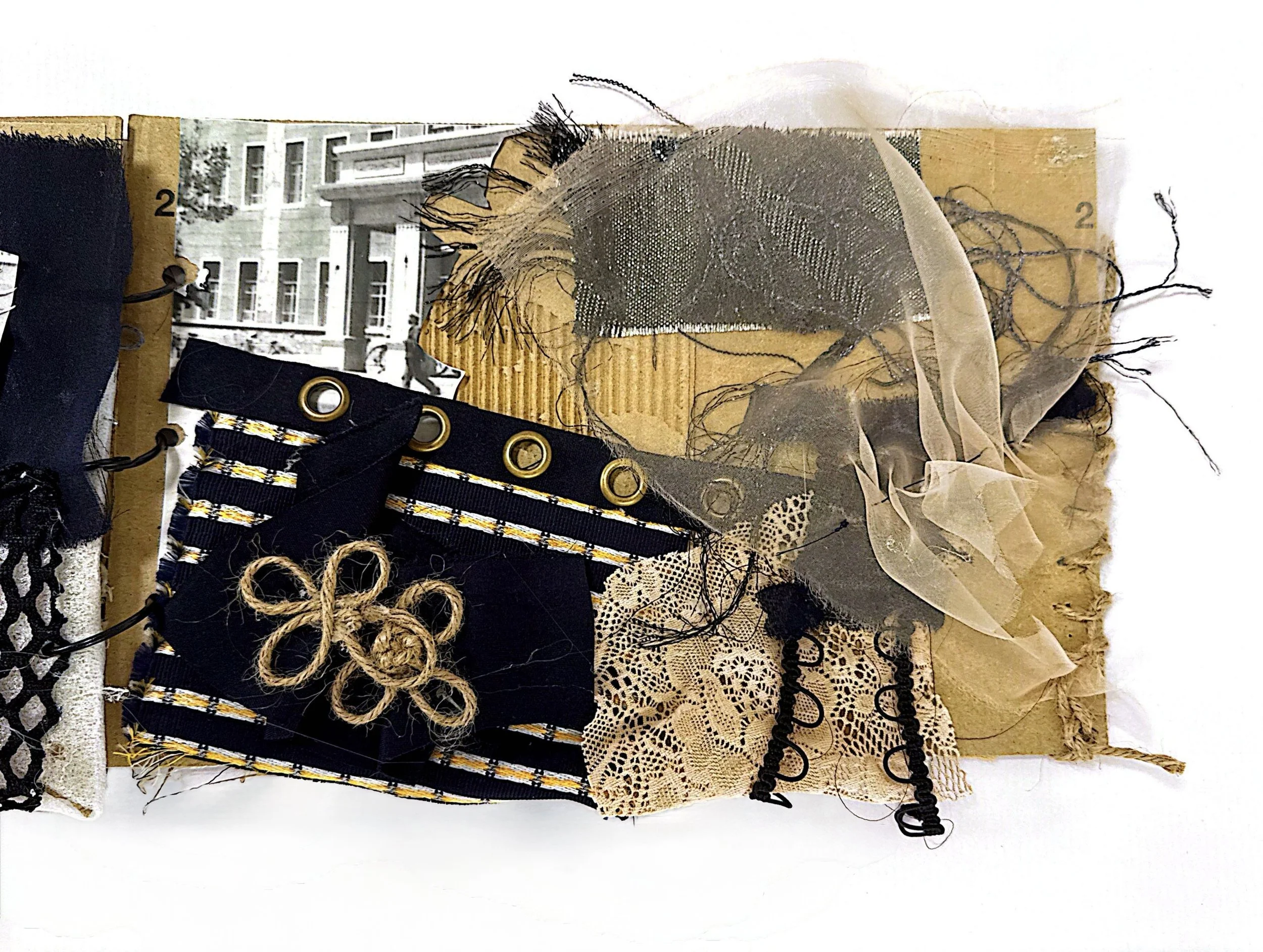 A collection of various lace fabrics, ribbons, and textiles in different colors and patterns arranged on a flat surface.