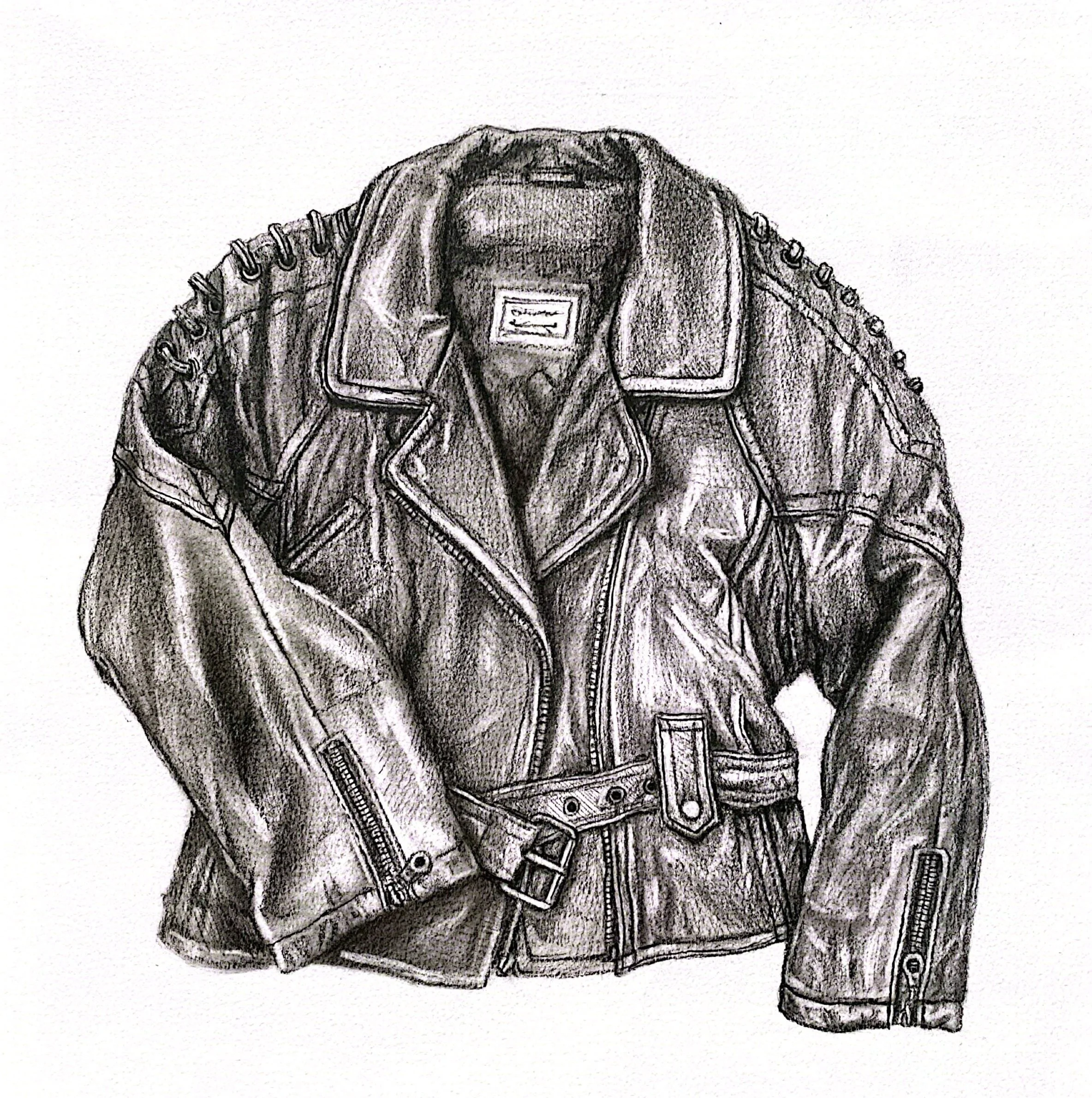 Black and white illustration of a suede jacket with button and belt details.