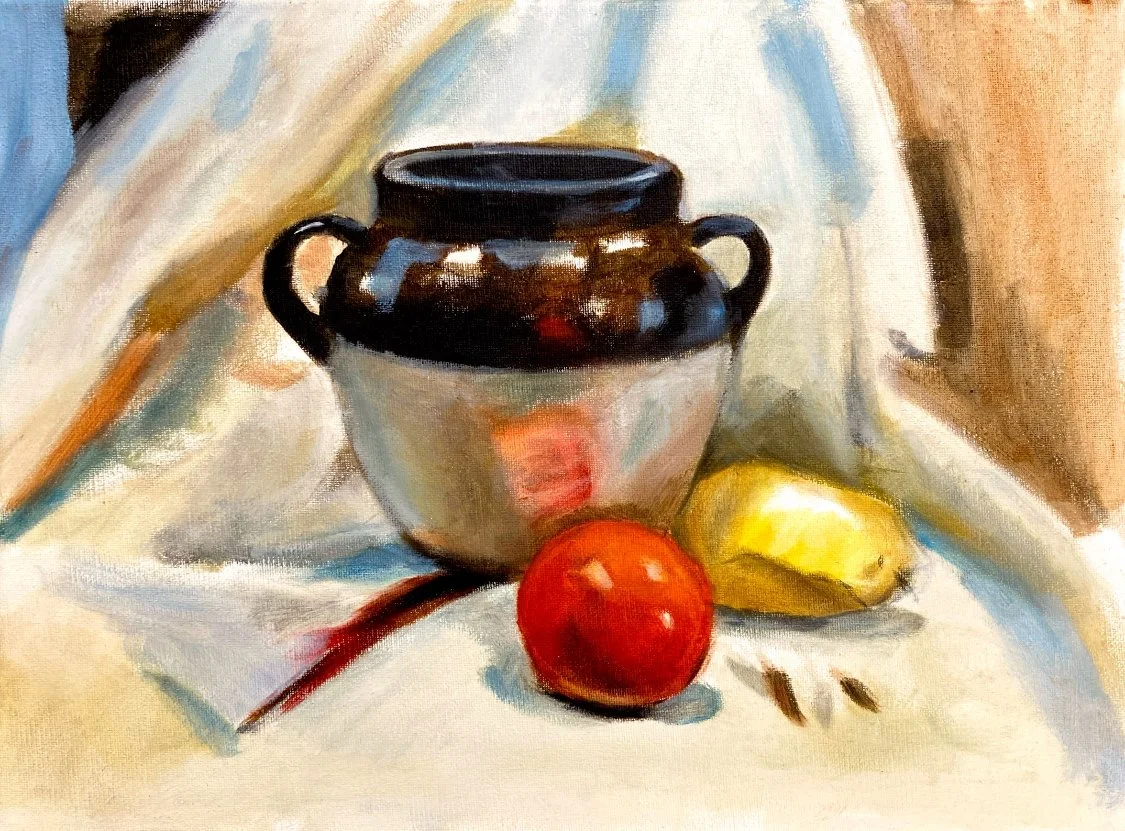A still life painting of a ceramic jar with two handles, a yellow lemon, and a red tomato on a white cloth background.