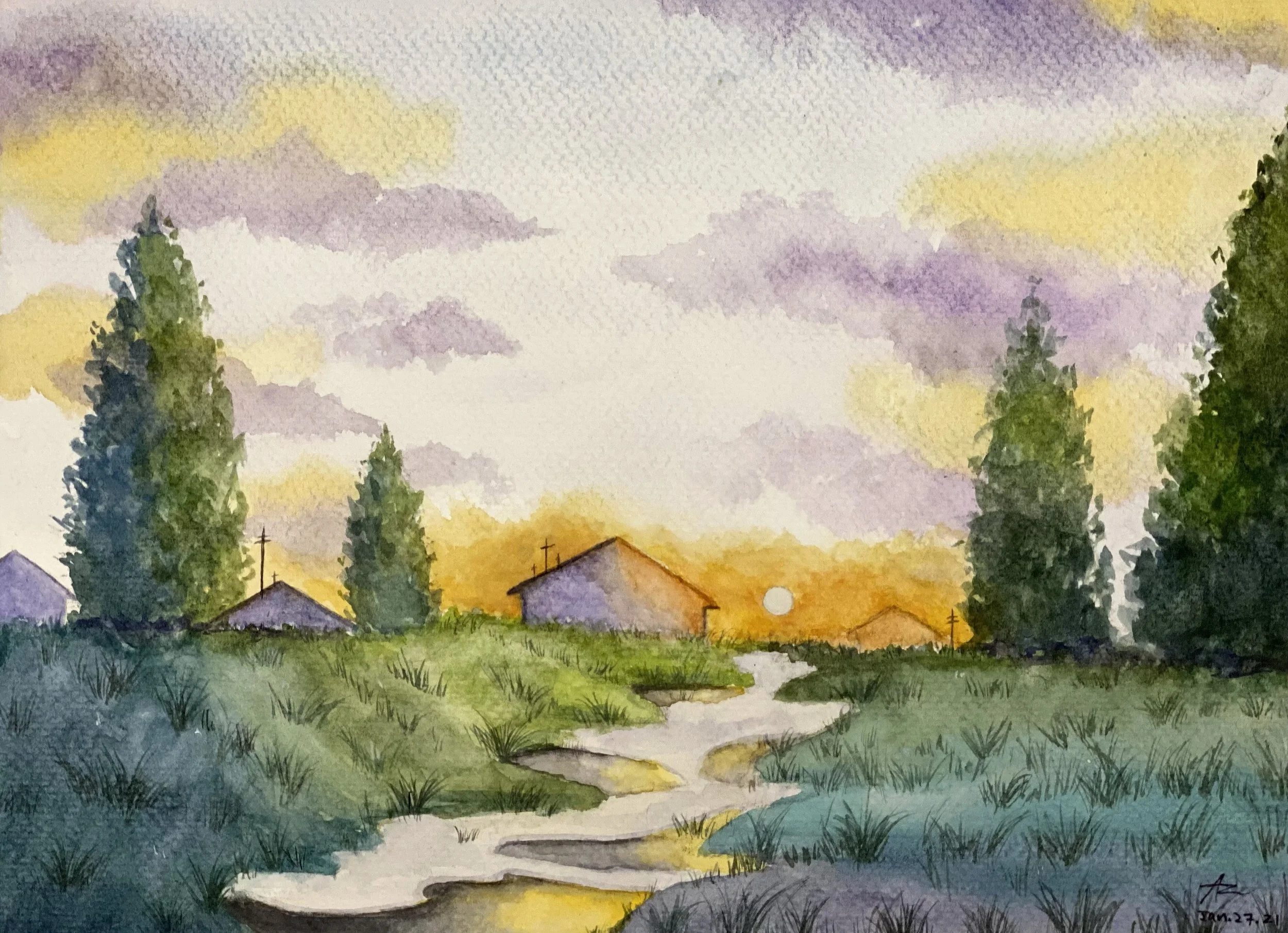 Watercolor painting of a rural landscape featuring a dirt path leading to small houses with rooftops and a church, surrounded by tall green trees under a cloudy sky with hues of yellow, purple, and gray.