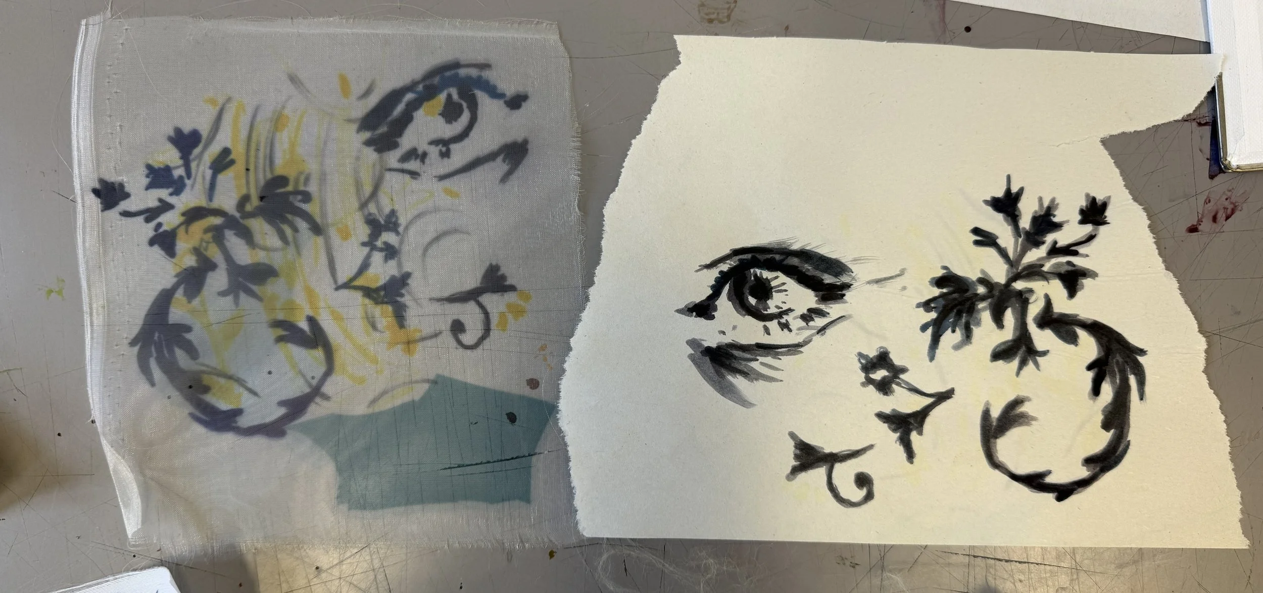 A mixed media artwork featuring a realistic portrait of a woman's eye with a decorative floral element, on torn paper with a sketch and painted floral designs.