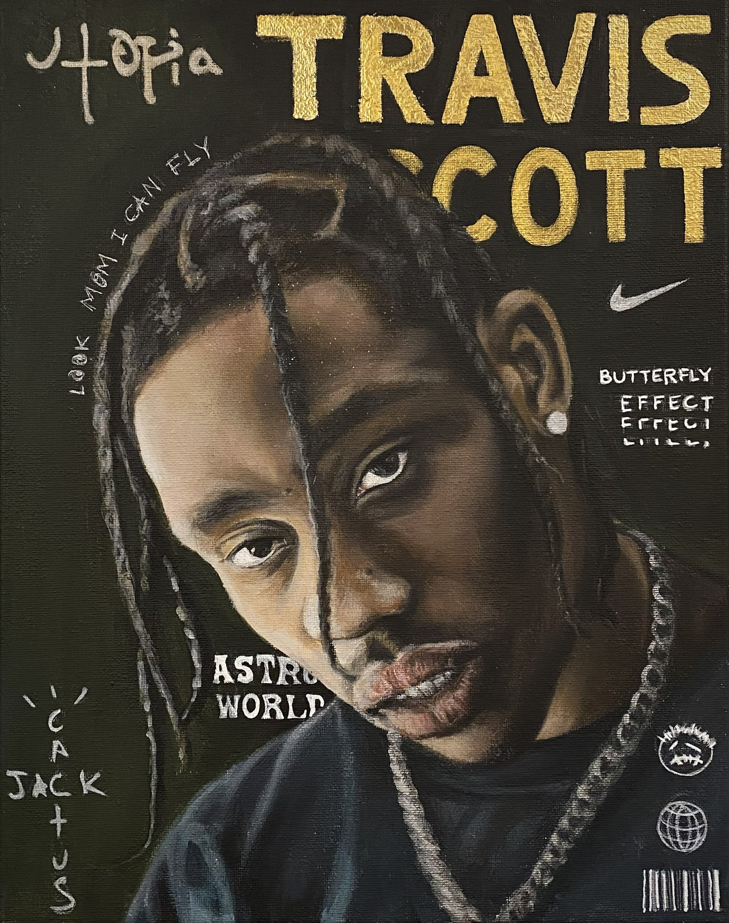 Close-up portrait of Travis Scott. The background is dark green with gold and white graffiti-style text, symbols, and various icons such as a globe, barcode, and other abstract symbols.