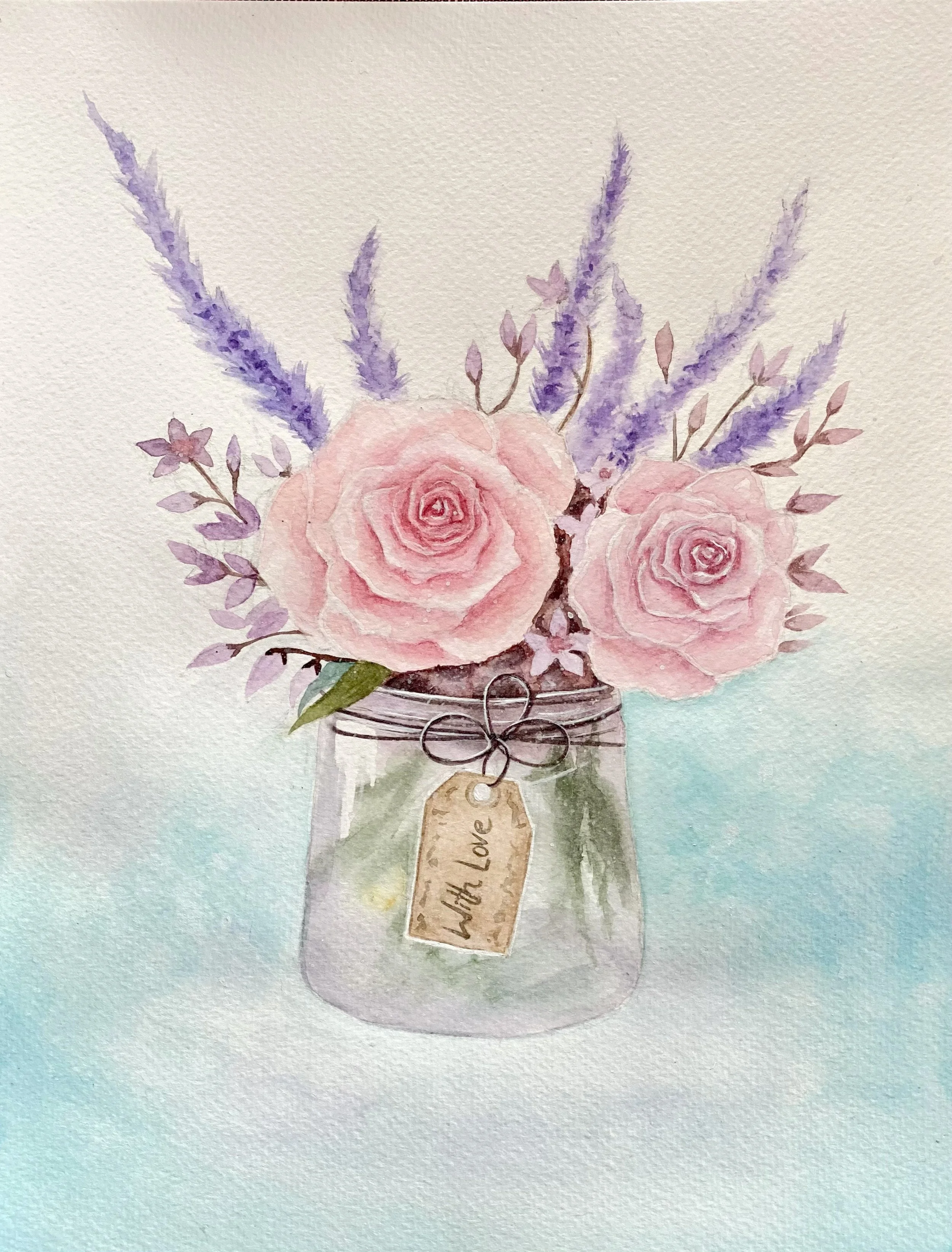 Watercolor painting of a jar with pink roses and purple lavender flowers, with a hanging tag that reads 'With Love'.