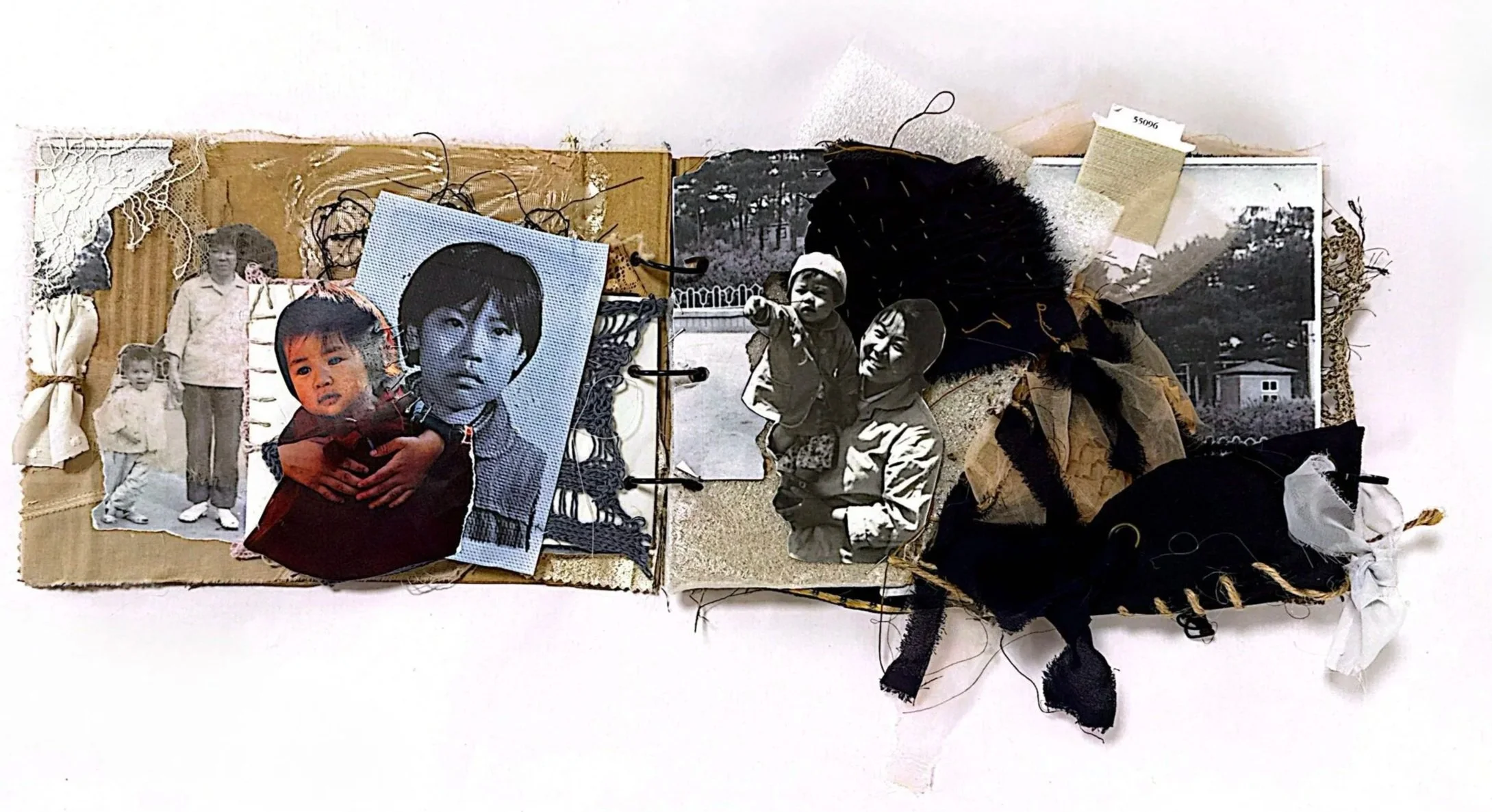 A collage of black-and-white and color photographs of children and adults, with fabric, lace, and embroidery details surrounding the images.