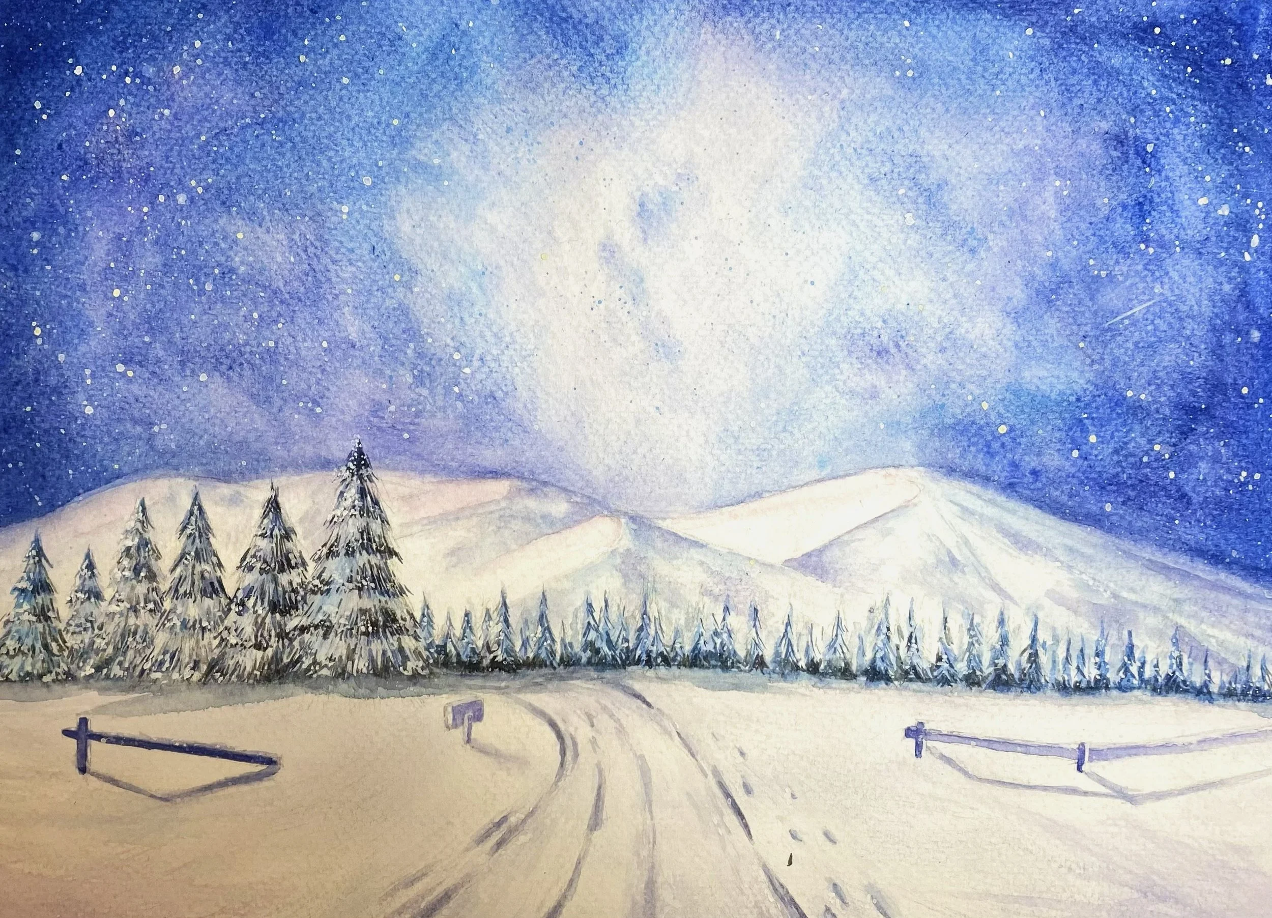 Watercolor painting of a snowy mountain landscape at night with a dark blue starry sky and a bright full moon.