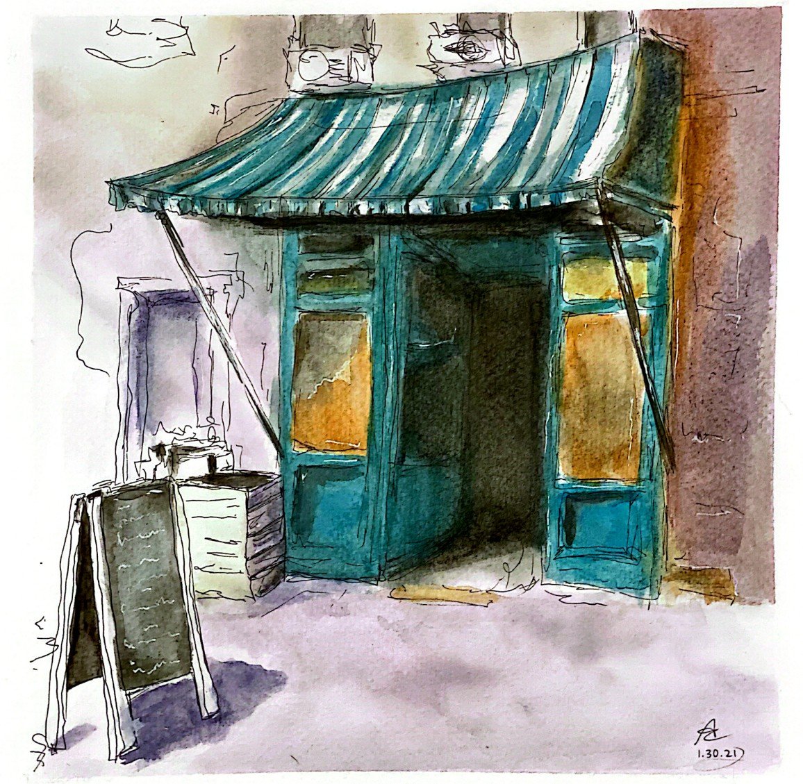 Colorful watercolor sketch of a small cafe or shop with a teal door, yellow-orange windows, and a striped blue and white awning. There are chalkboard signs outside.