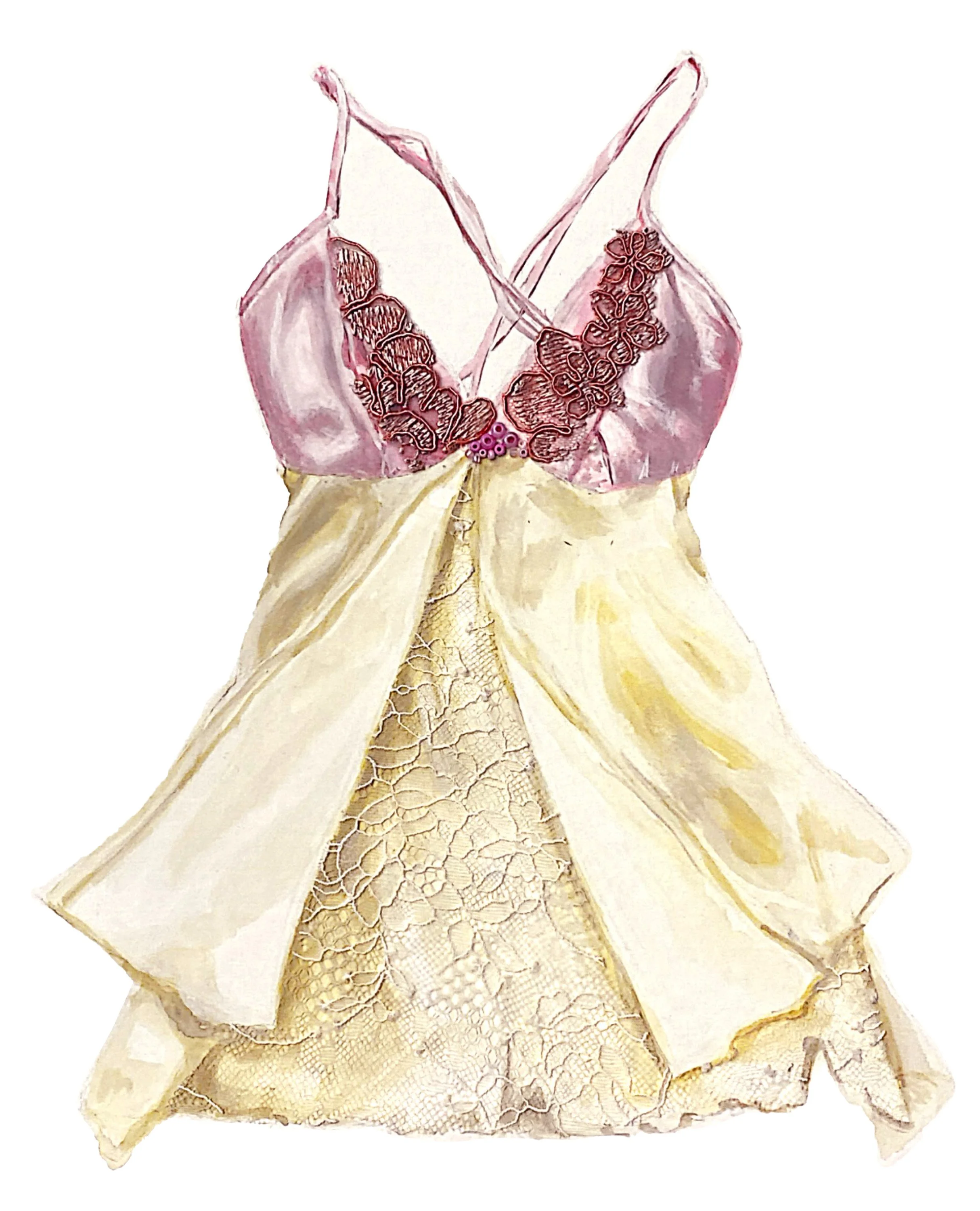 A dress with a pink, lace, and silk bodice, beige lace and silk sleeves, and a layered skirt with lace and silk embellishments.