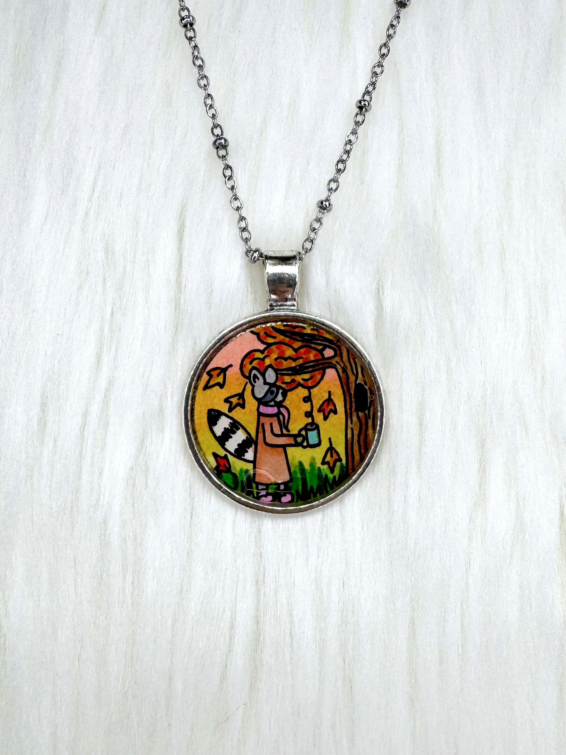 Autumn Raccoon Pendant | One-of-a-Kind Hand-Drawn Original Necklace