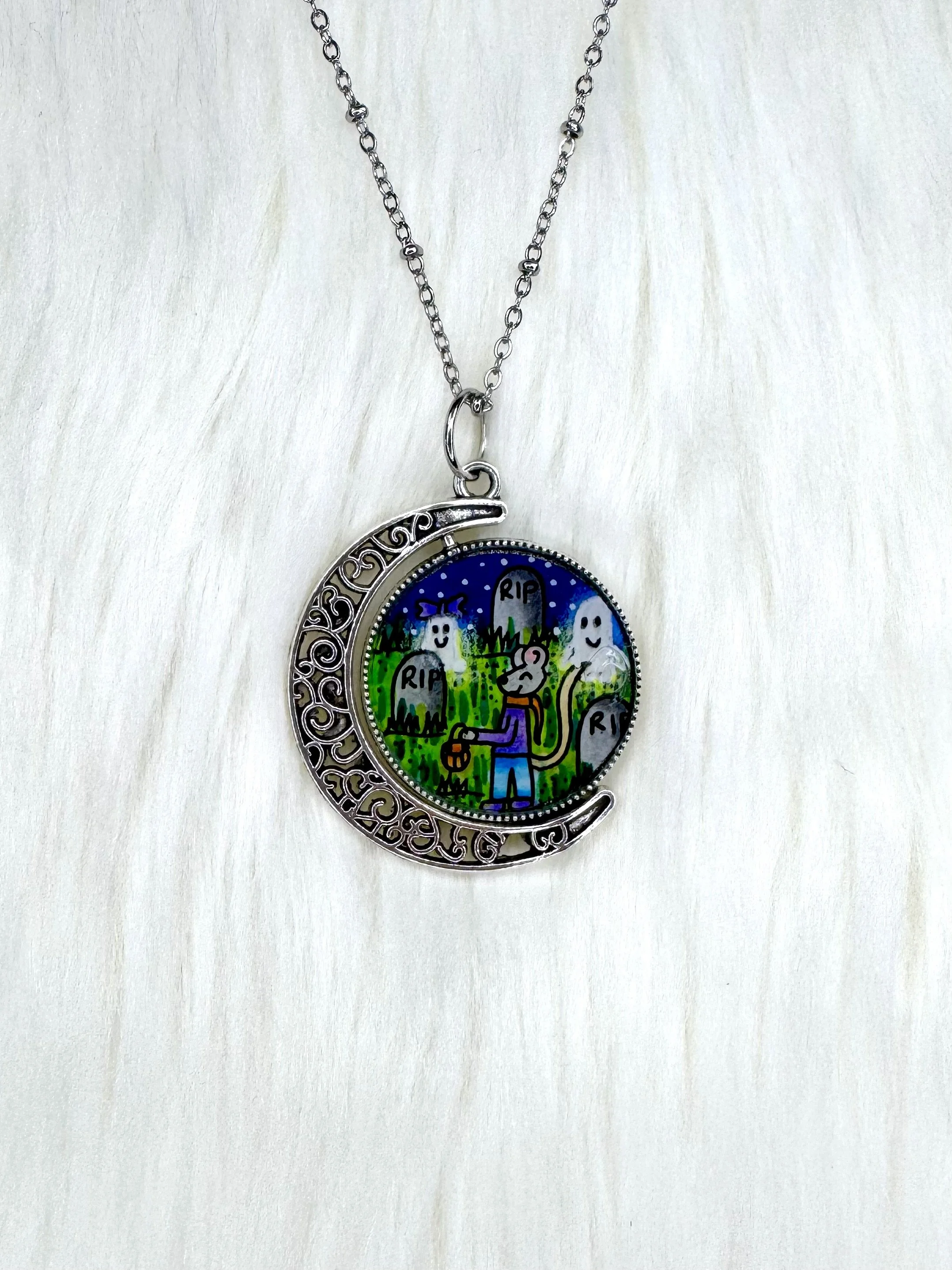 Spinning Moon Halloween Pendant | Double-Sided Hand-Drawn Original Necklace