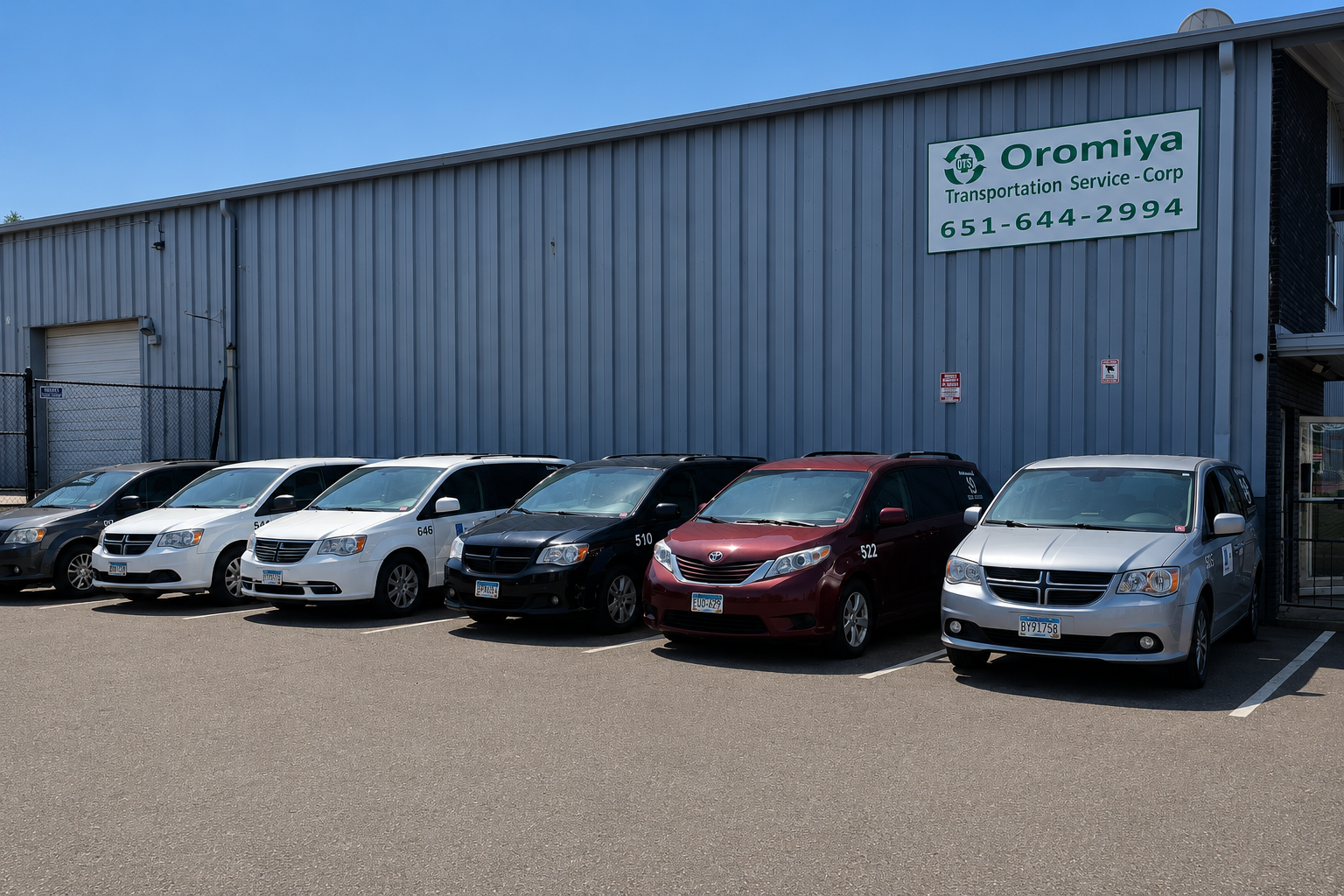 Parking lot with six cars parked in front of a blue industrial building. The building has a sign that reads 'Oromiya Transportation Service - Corp' with a phone number, and there are no other vehicles or people visible.