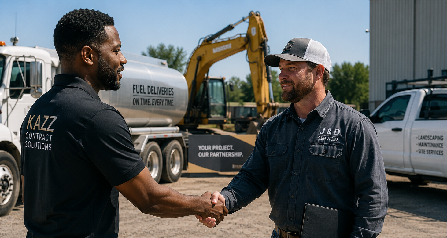 Two men shaking hands outdoors at a construction site, with trucks and heavy machinery in the background.