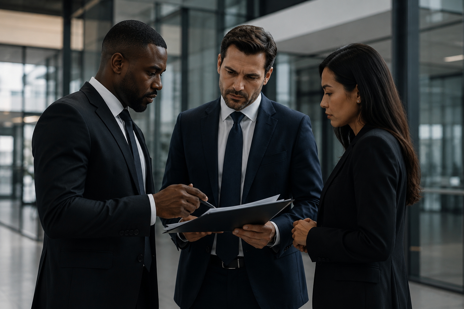 Three business professionals reviewing documents in a modern office building.