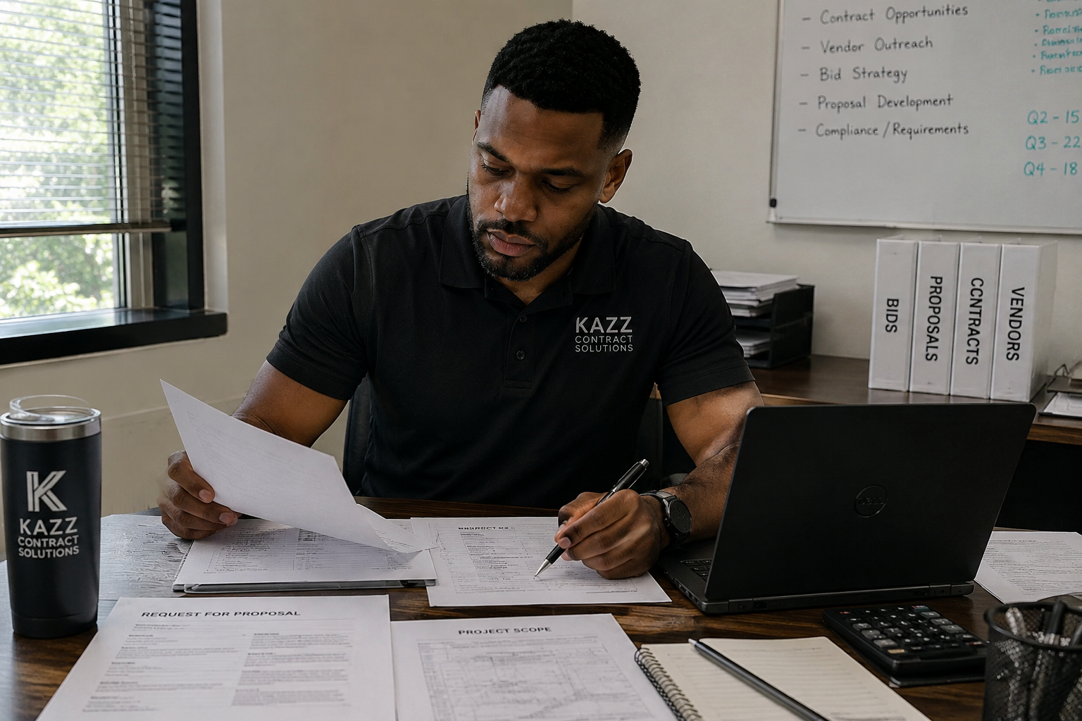 A man working at a desk with documents, a laptop, a coffee mug, a calculator, and a notepad in an office with a window and whiteboard in the background.