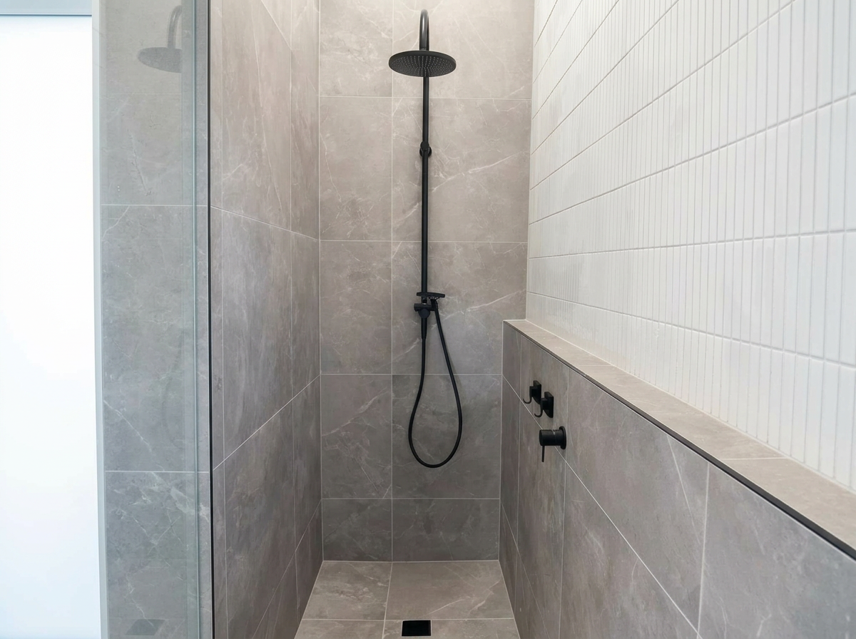 Modern walk-in shower with gray marble tiles, a black rainfall showerhead, and black controls on the right wall.
