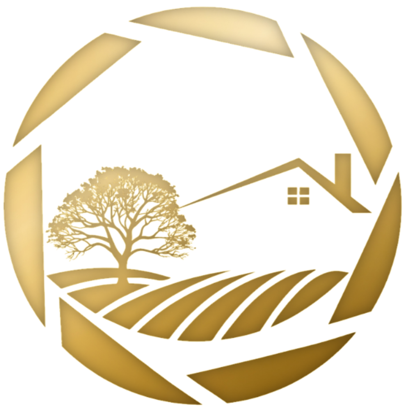 A gold emblem featuring a house, a tree, and a barn inside a circular border made of gold segments.