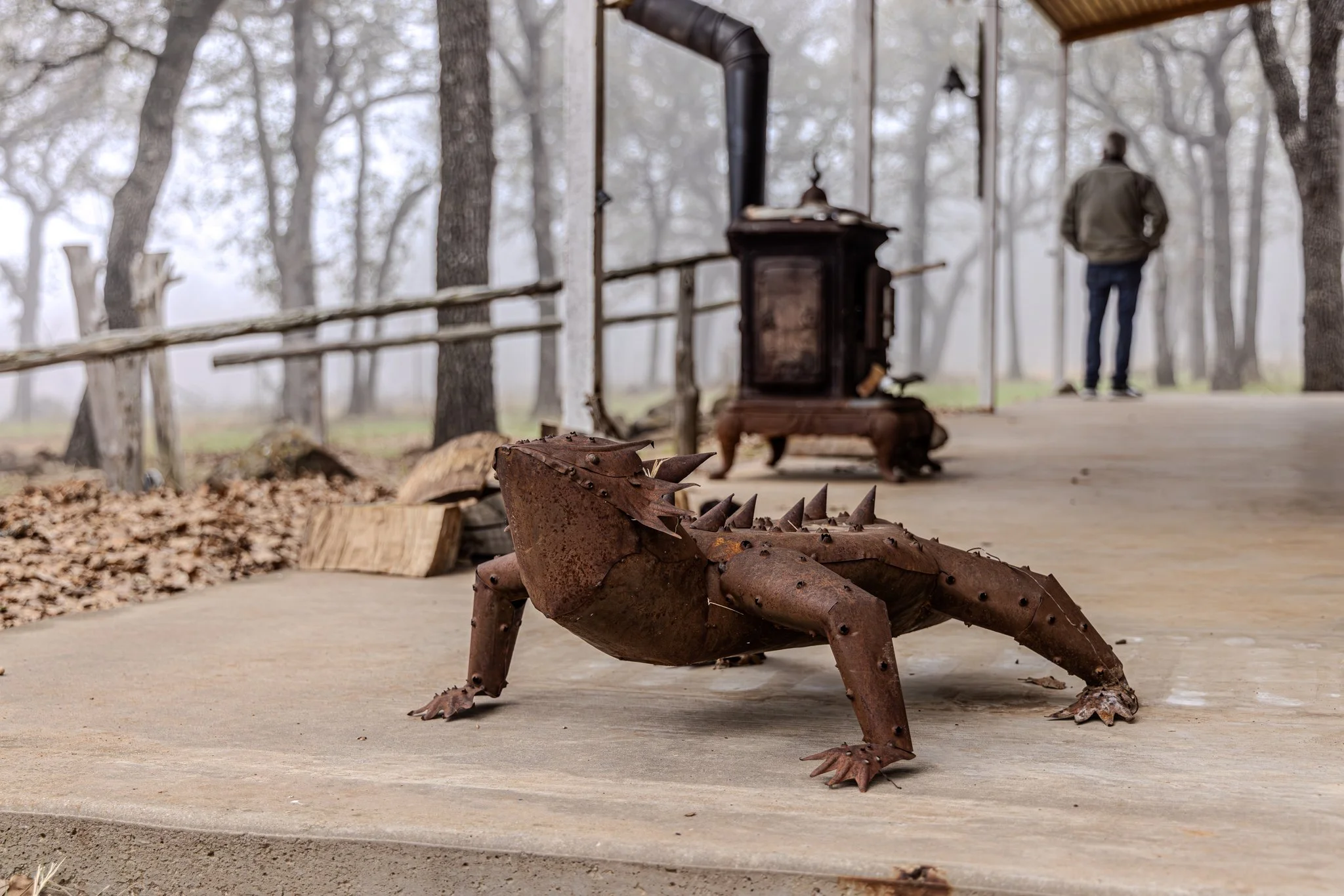 Rusty metal armadillo sculpture on a porch with trees and fog in the background.