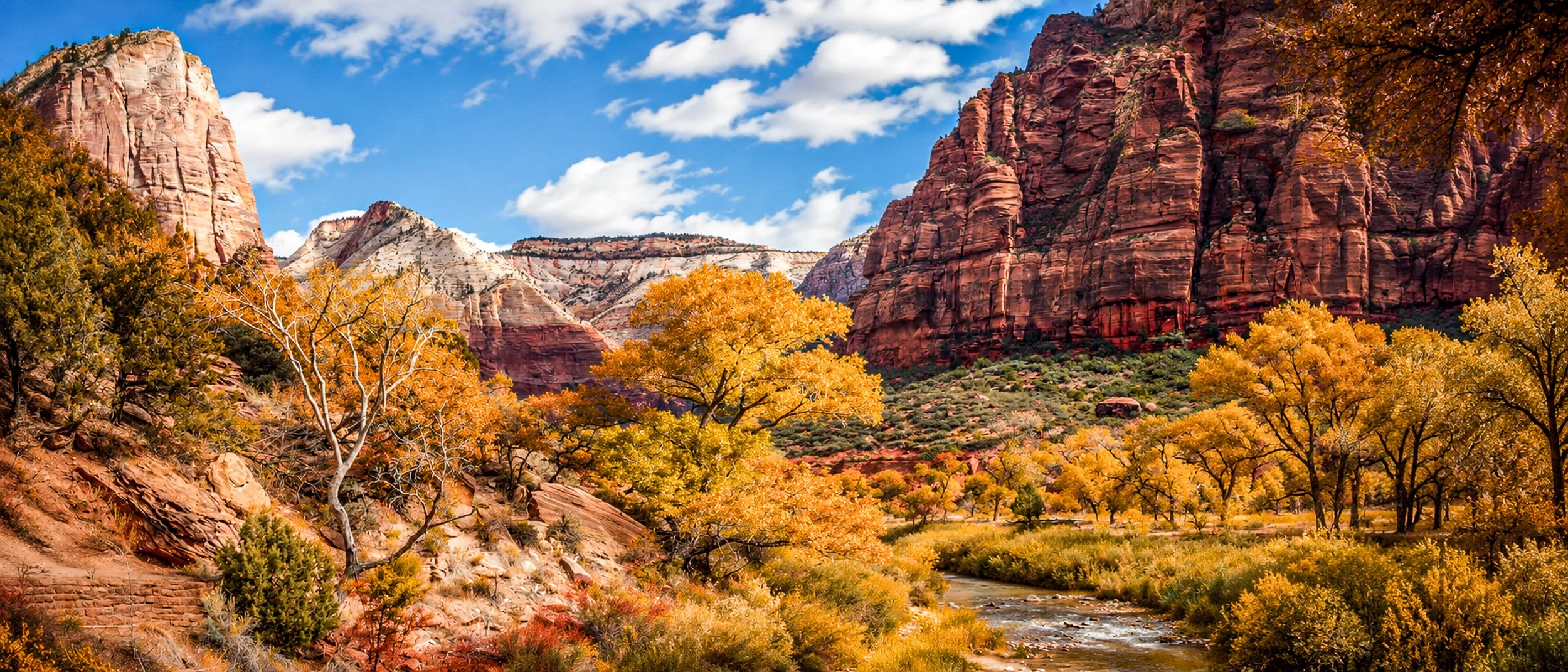 Autumn foliage surrounds the Virgin River beneath towering red sandstone cliffs in Zion National Park, Utah.