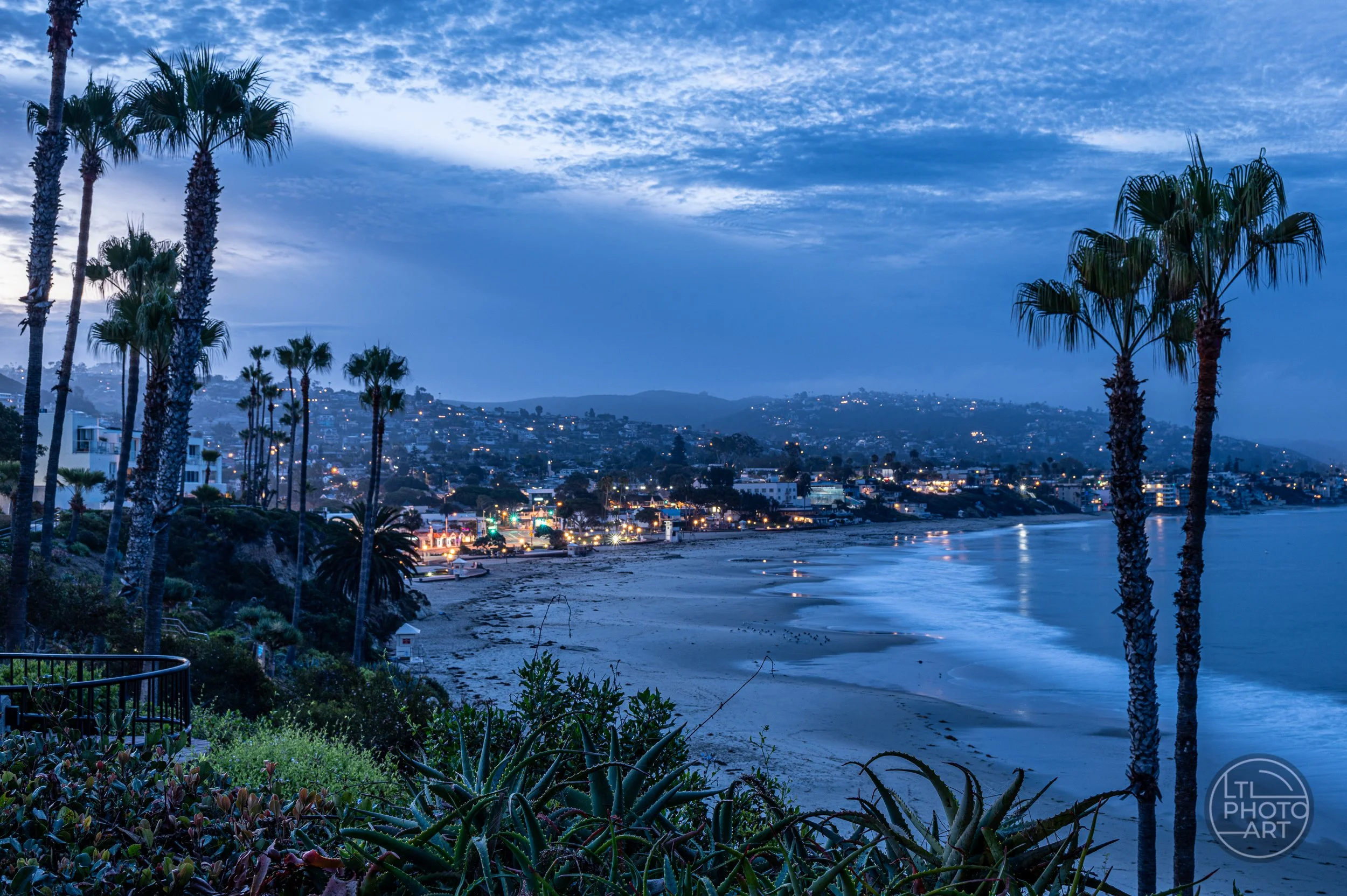 Blue-hour sunrise view of Main Beach in Laguna Beach, framed by palm trees with city lights reflecting along the shoreline.