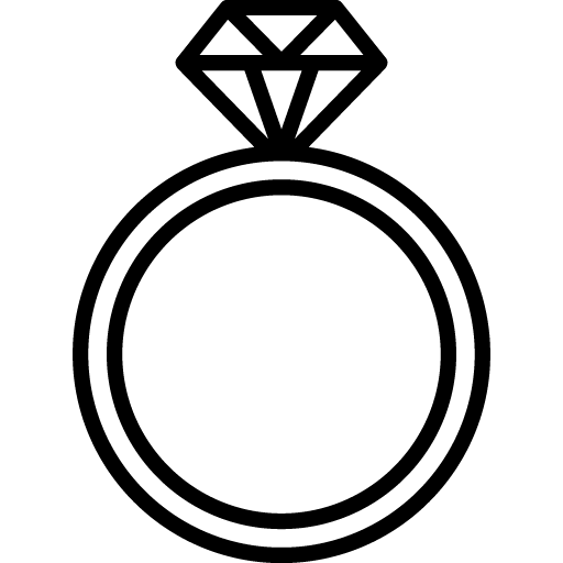Simplified black and white outline of an engagement ring with a large diamond on top.