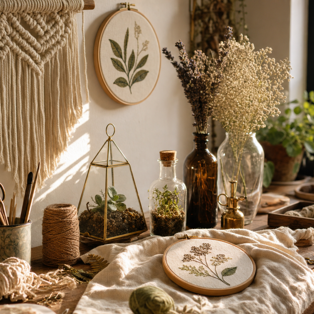 A cozy craft workspace with botanical embroidery hoops, dried flowers in vases, and a macrame wall hanging, illuminated by warm natural light.