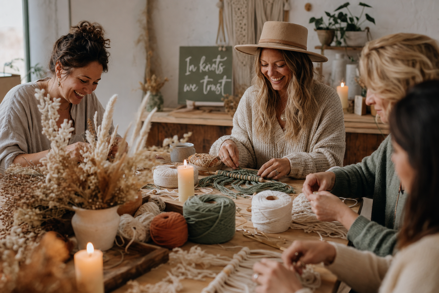 Women sitting around a table making macrame crafts with yarn, decorated with candles and dried flowers, in a cozy, rustic room.