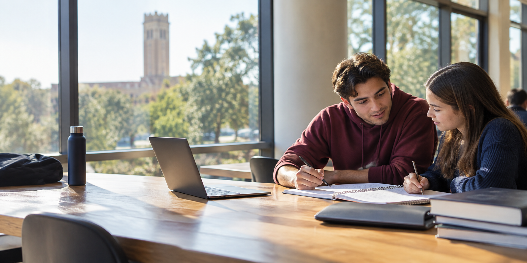 High school student working one-on-one with a tutor in a university study space