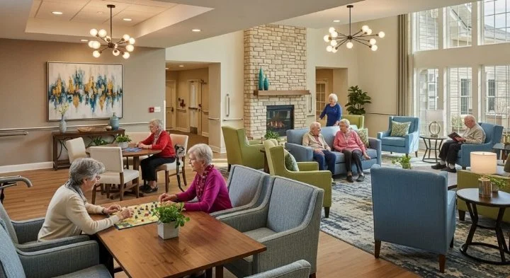 Senior residents in a cozy, well-lit common area with large windows, playing chess and relaxing on chairs and sofas around a fireplace.