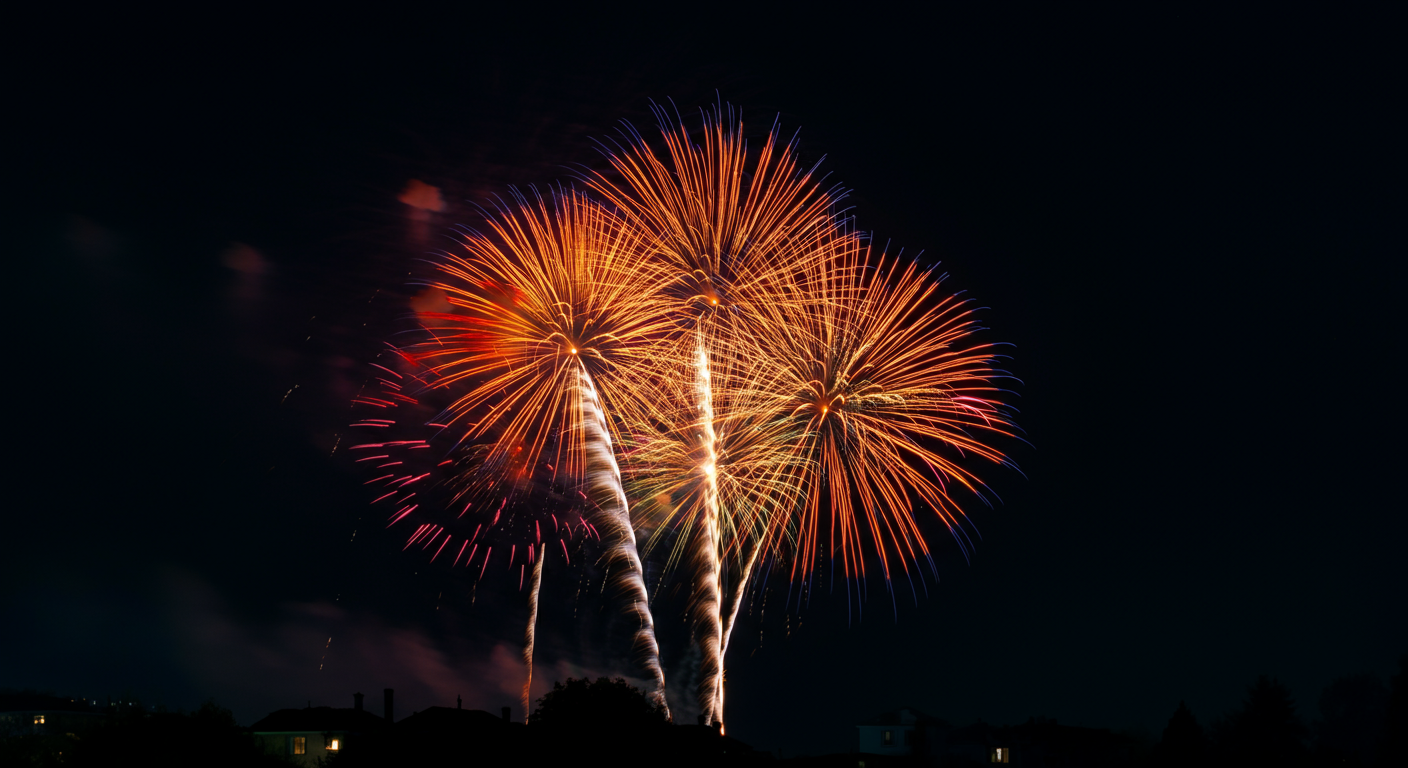 Fireworks exploding brightly in the night sky with colors including red, orange, yellow, and purple over silhouettes of buildings and trees.