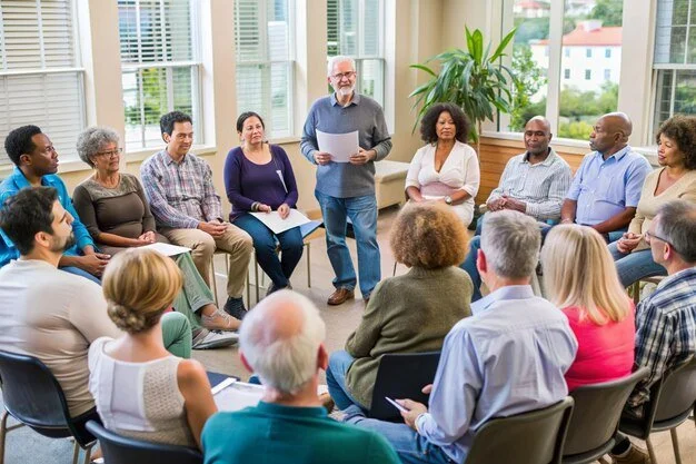 A diverse group of people sitting in a circle in a well-lit room, listening to a man standing and speaking, with large windows and a potted plant in the background.