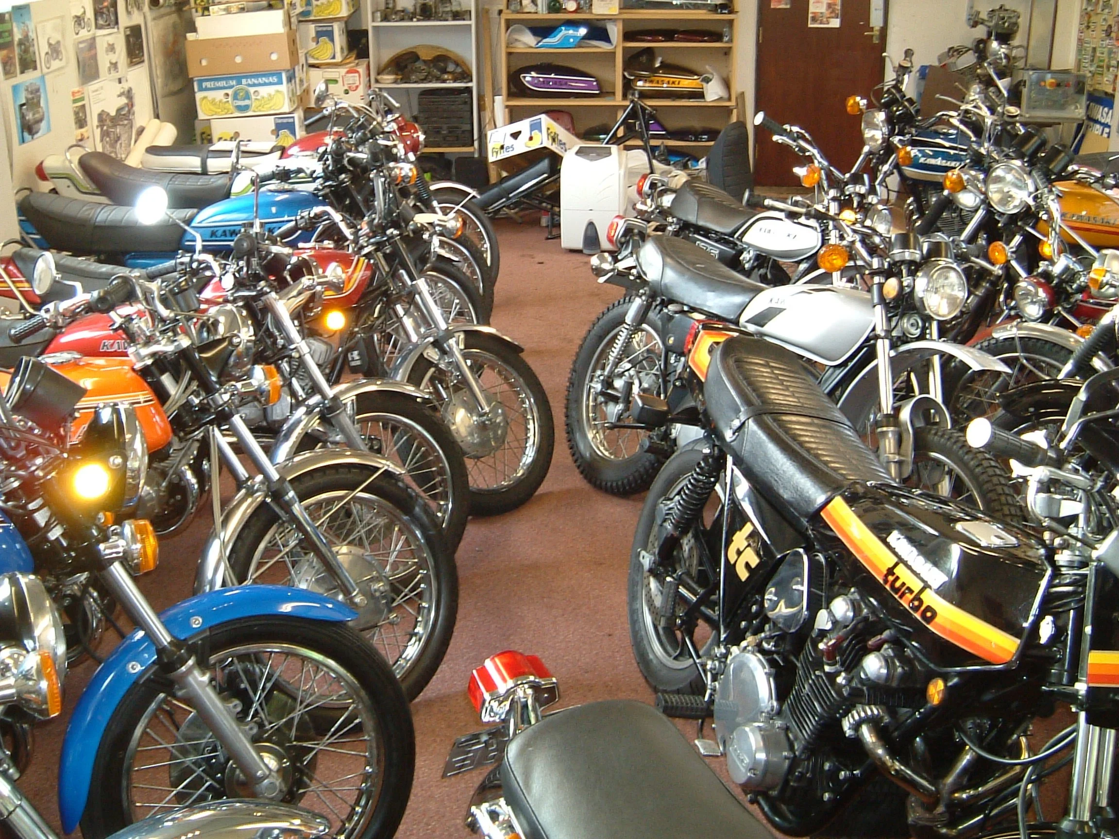 A room filled with vintage and classic motorcycles parked closely, with shelves in the background holding various motorcycle gear and memorabilia.