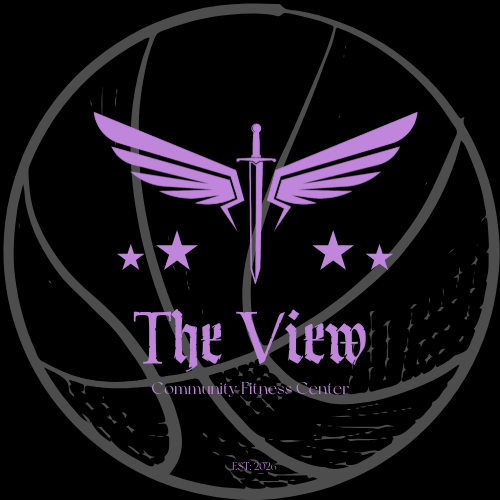 Logo for The View Community Fitness Center featuring a purple winged sword with stars.
