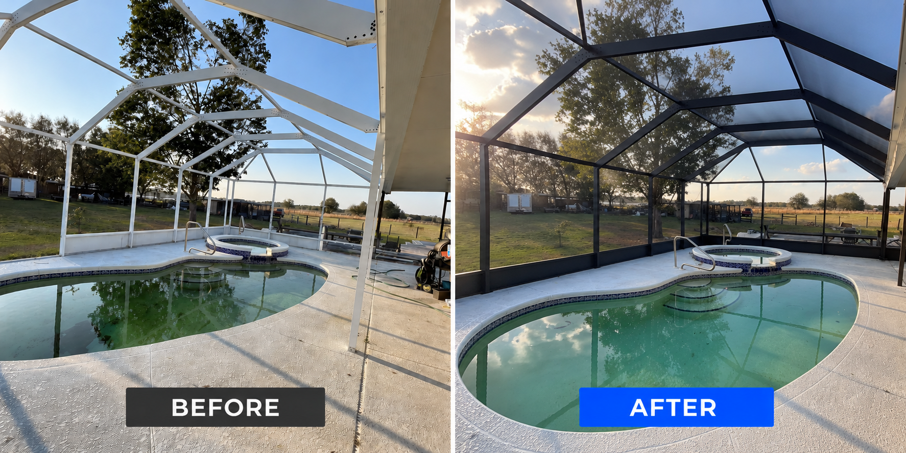 Complete pool cage restoration by Daria’s Multiservices LLC, including professional preparation, repainting, stainless steel fastener replacement, and complete rescreening.