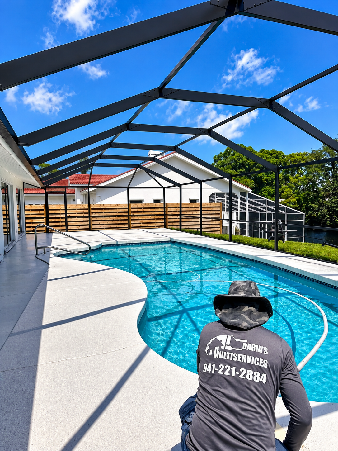 Daria’s Multiservices technician performing professional pool cage restoration and preparation during a complete pool enclosure restoration project.