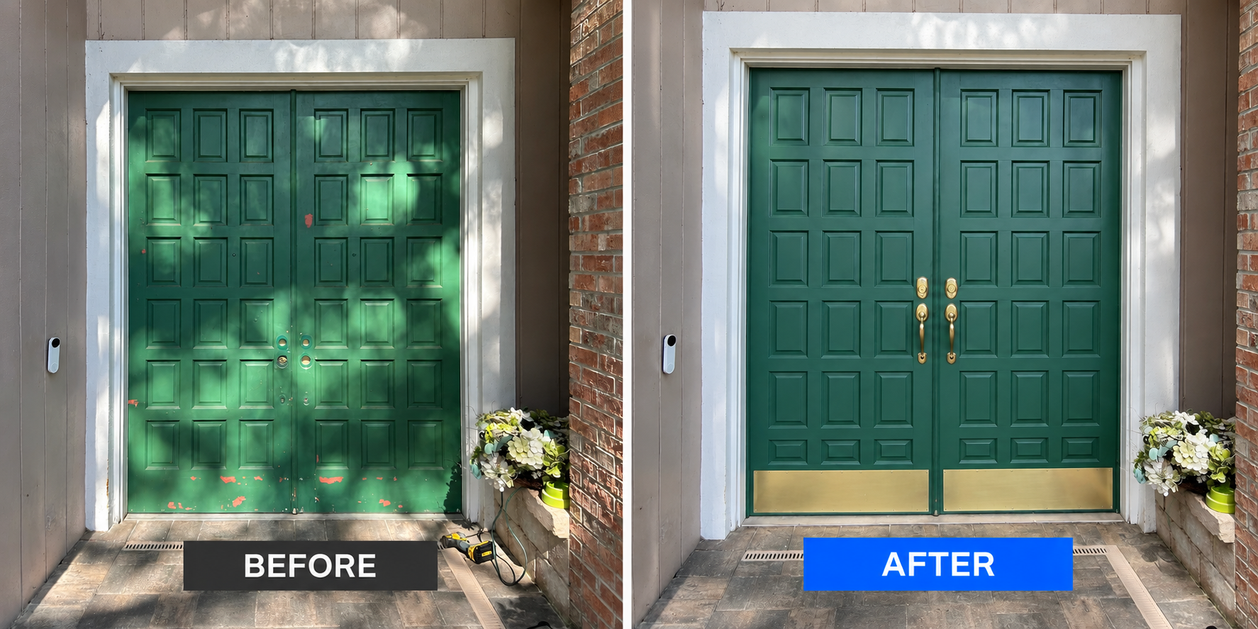 Restoration of a double wooden front entry door, professionally refinished by Daria’s Multiservices LLC to restore and enhance the home’s exterior entrance.
