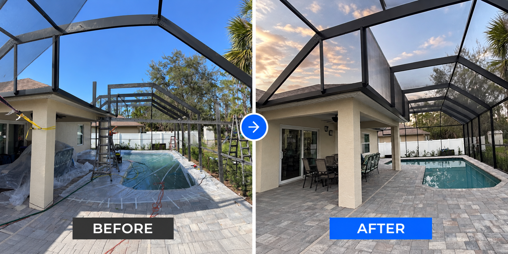 Pool cage reconstruction by Daria’s Multiservices LLC, including replacement and restoration of missing roof sections to rebuild and restore the enclosure.