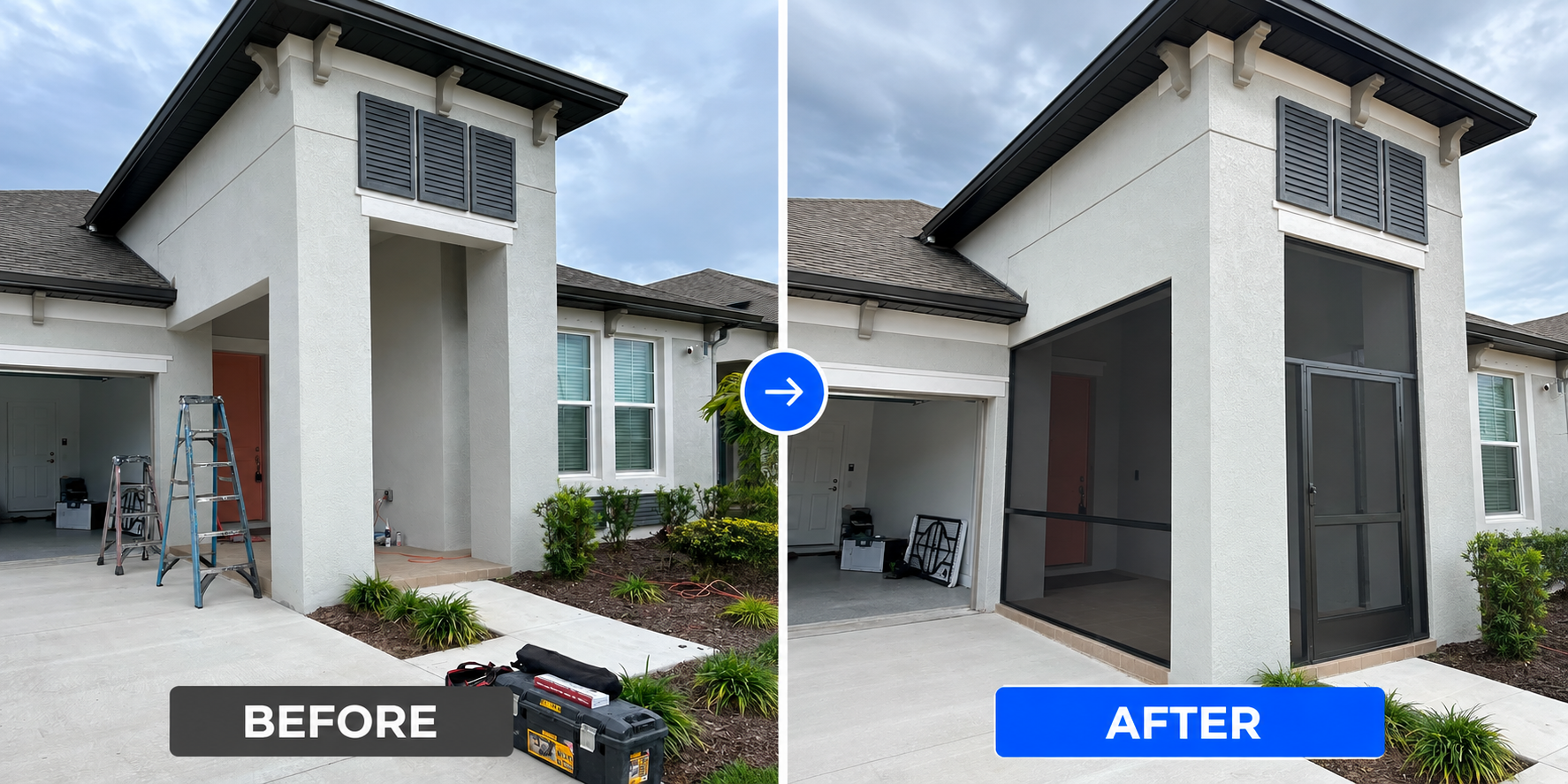 Front porch enclosure construction with 20×20 Super Screen, professionally installed by Daria’s Multiservices LLC for enhanced insect protection and outdoor comfort.