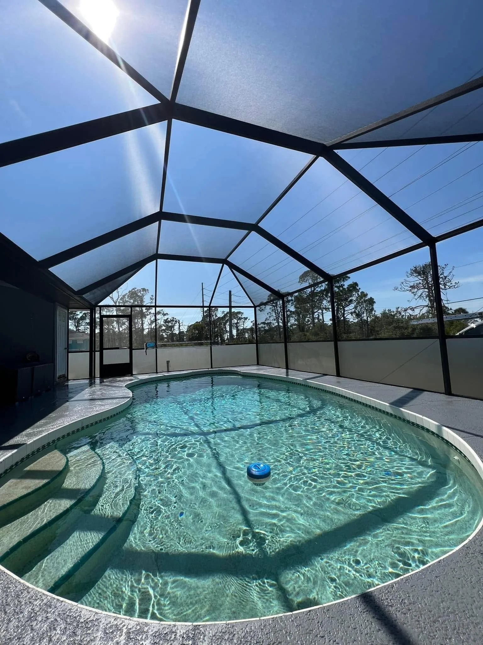 Fully restored residential pool cage featuring newly painted aluminum framing and professionally installed screen panels around a swimming pool in Florida.