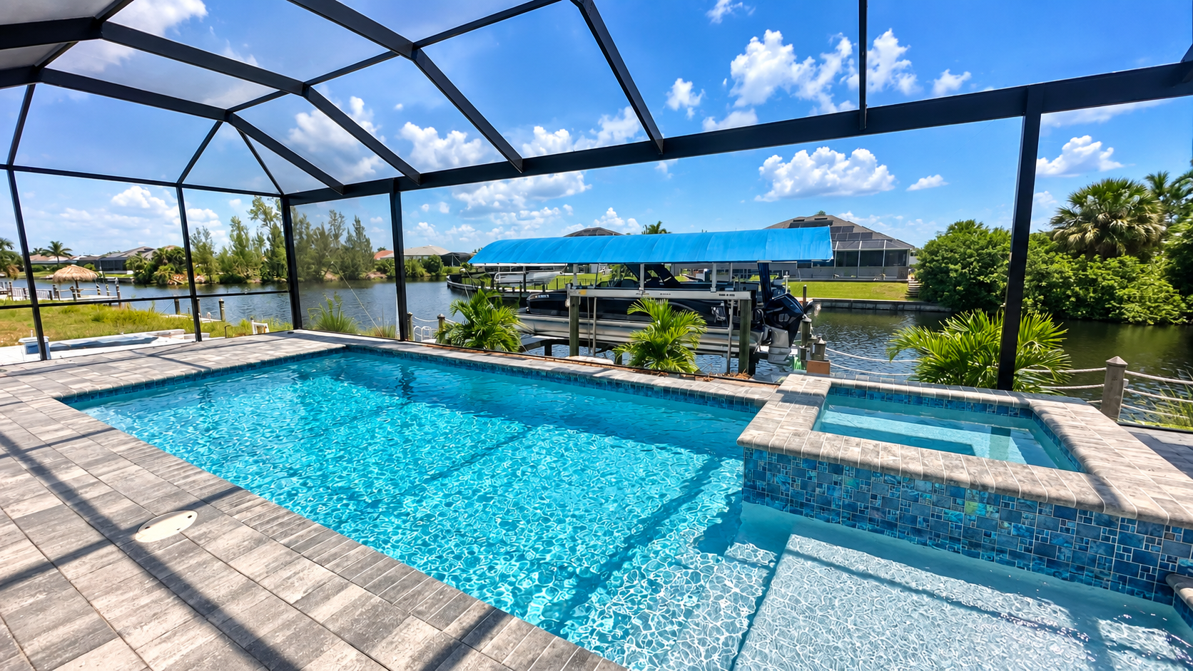 Panoramic pool cage screen enclosure with unobstructed view, Florida