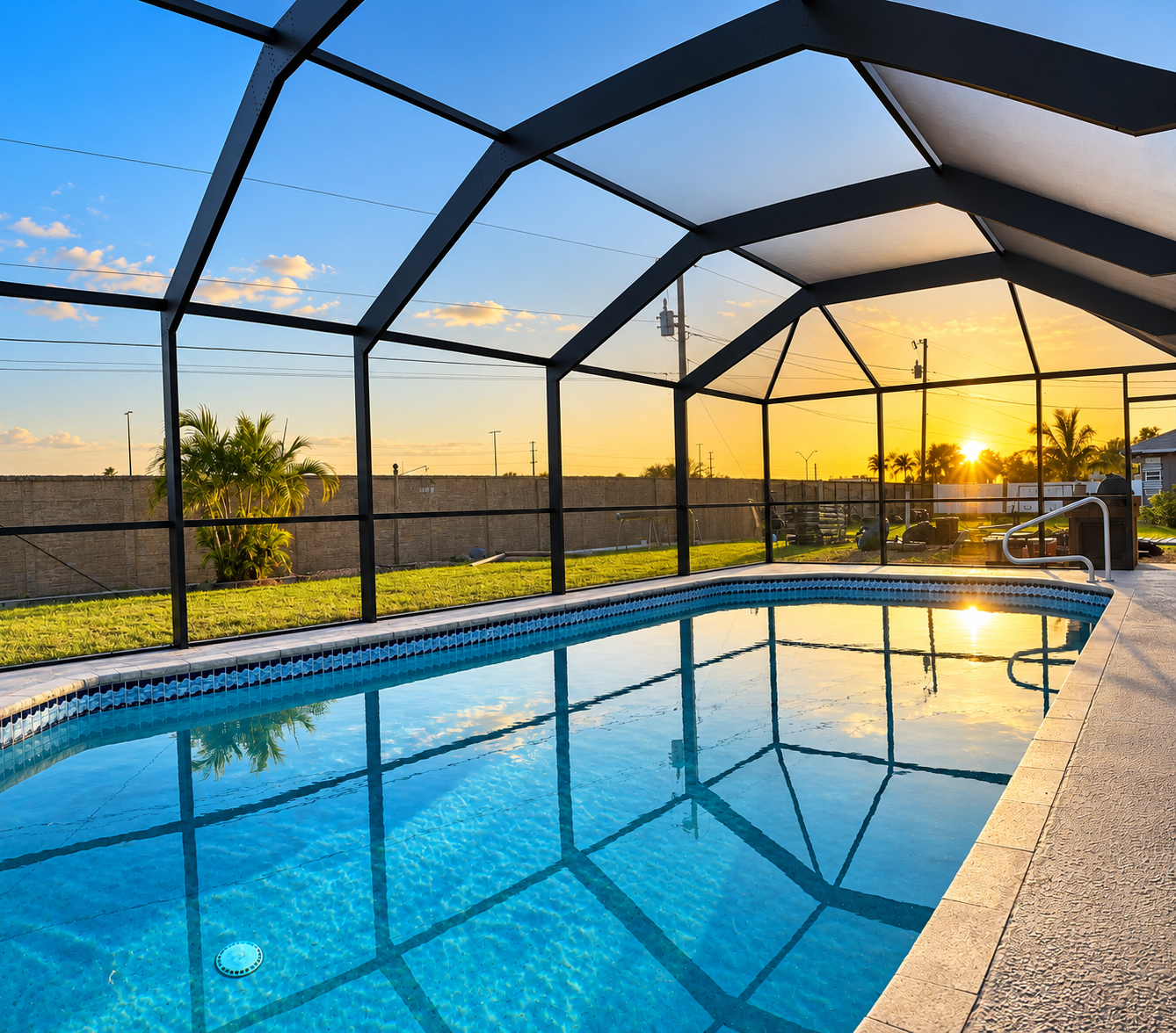 Professionally restored pool cage and screened pool enclosure showcasing a clean finish, durable materials, and renewed outdoor living space.