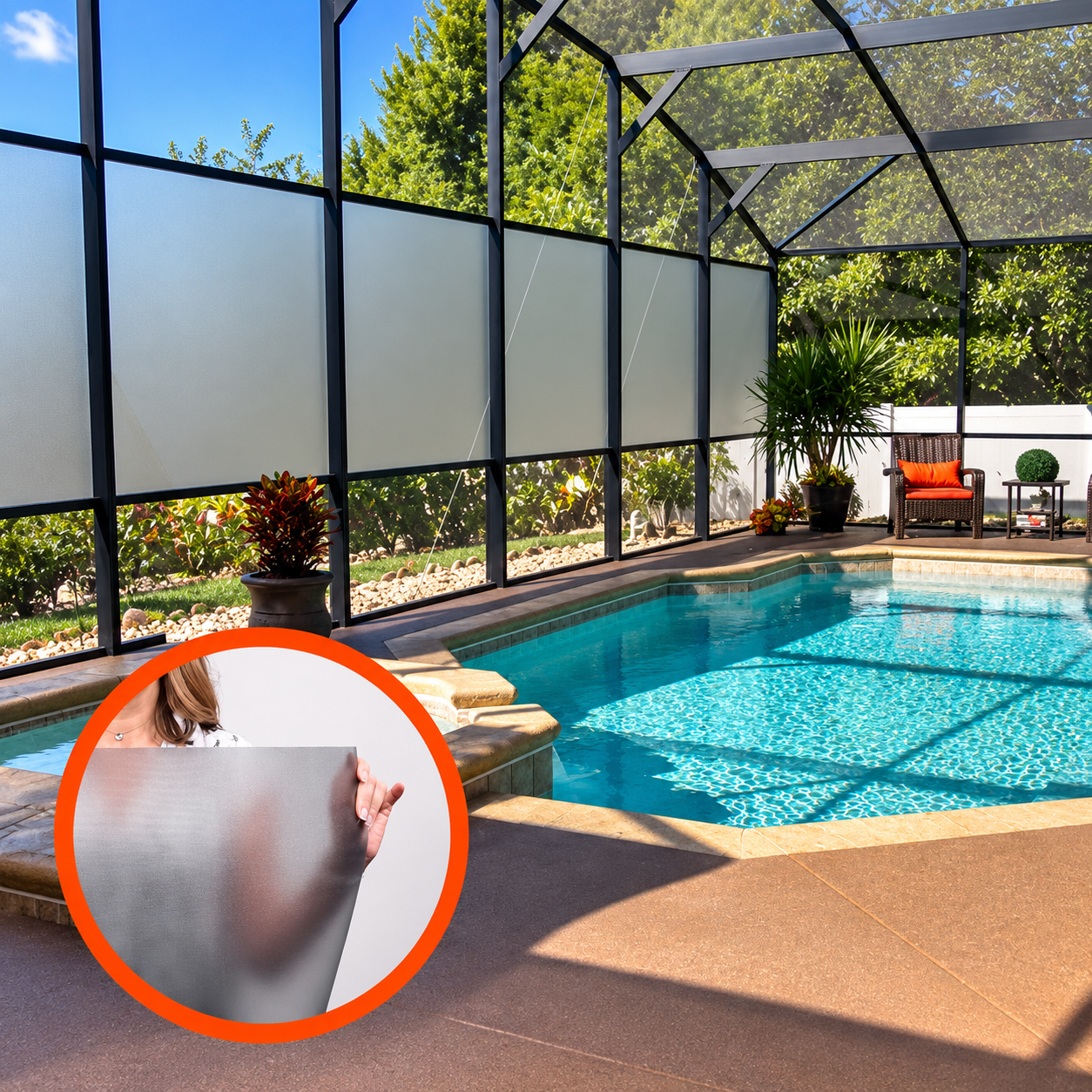 Privacy screen installed on a pool cage enclosure, providing increased privacy while maintaining a clean, modern outdoor pool area.