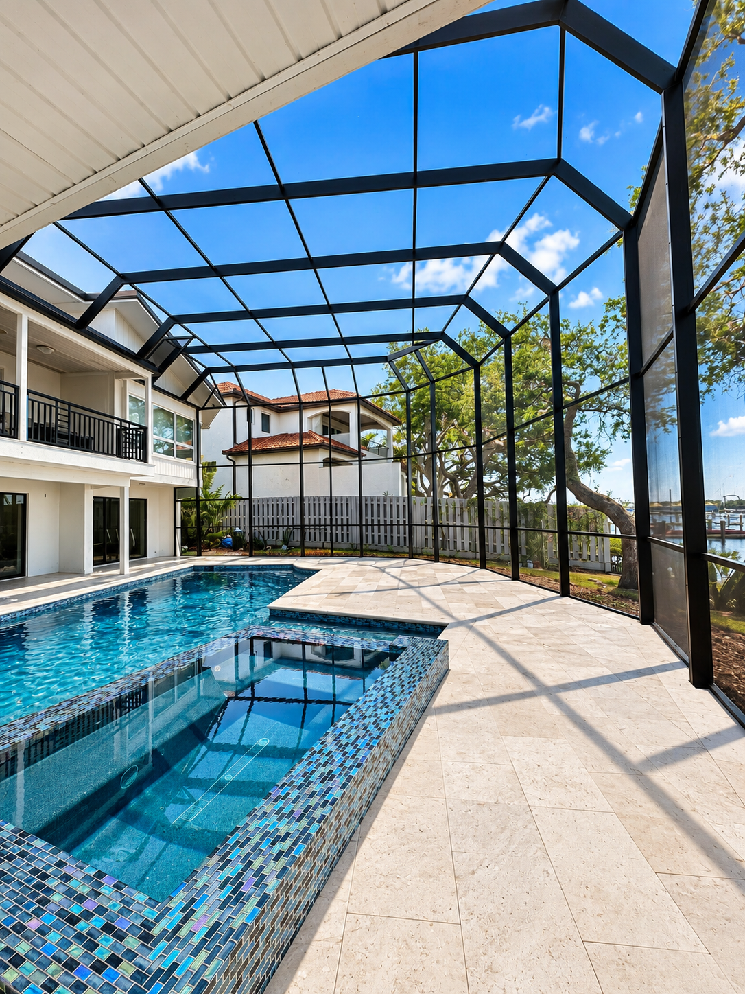 Professionally restored pool cage enclosure featuring a modern black finish, complete rescreening, and renewed pool area by Daria’s Multiservices LLC.