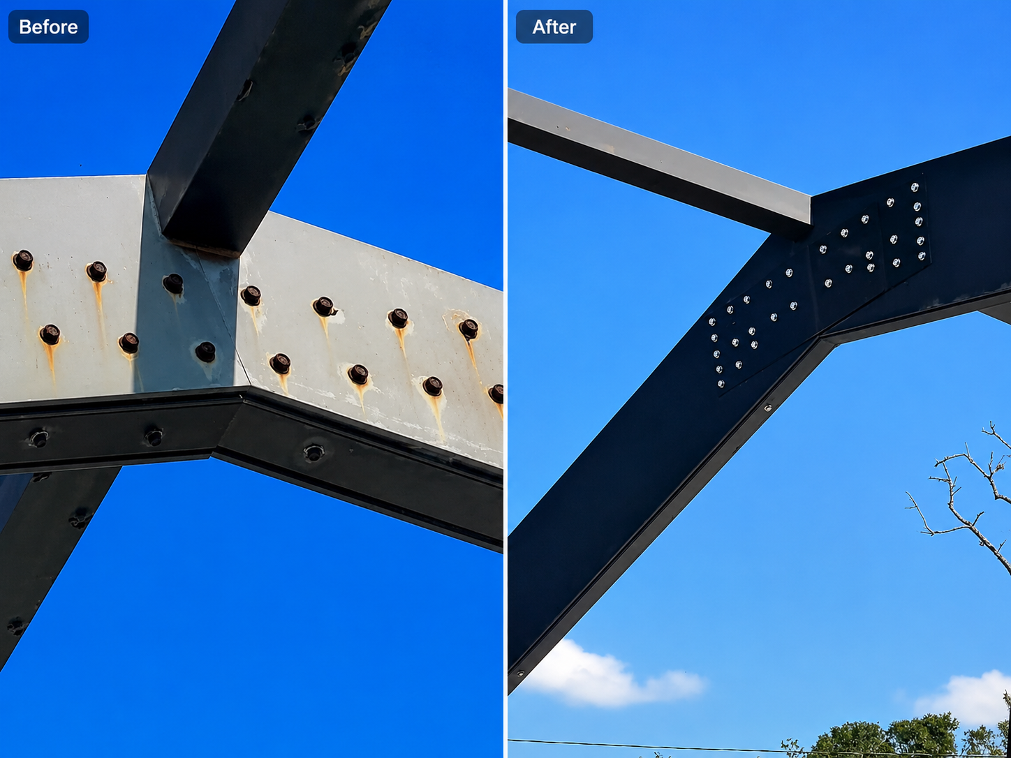 Before-and-after comparison of rusted pool cage fasteners replaced with stainless-steel screws during restoration.