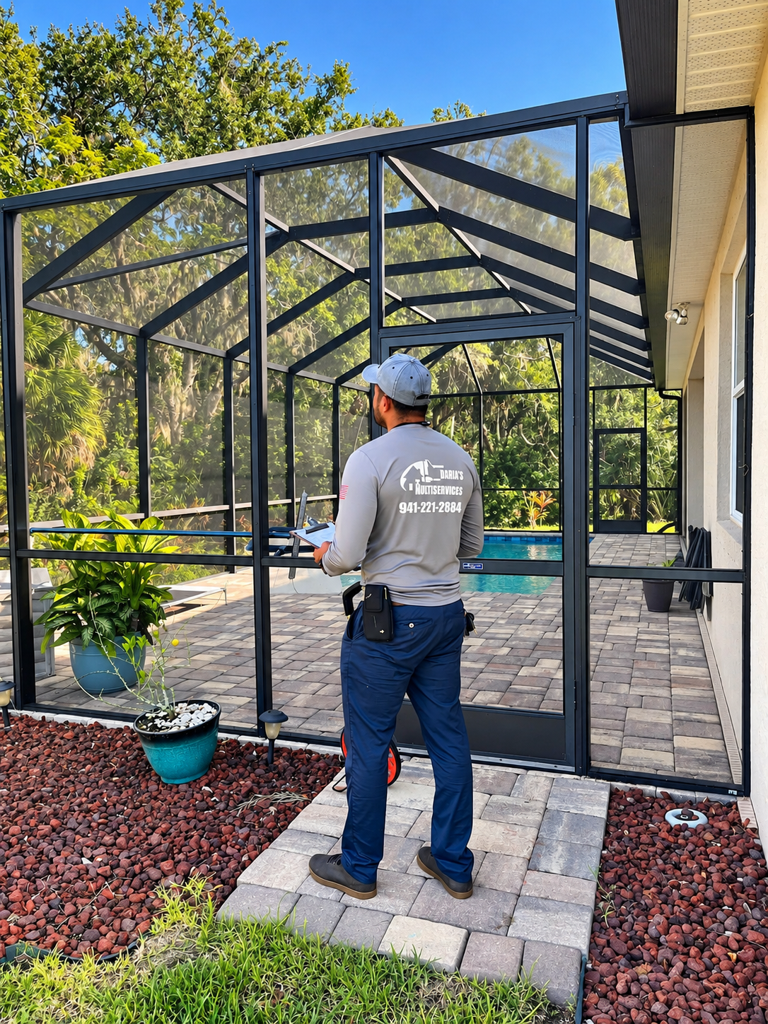 A pest control technician standing outside a screened outdoor enclosure next to a house, holding a clipboard and spray tool, with a backyard swimming pool in the background.