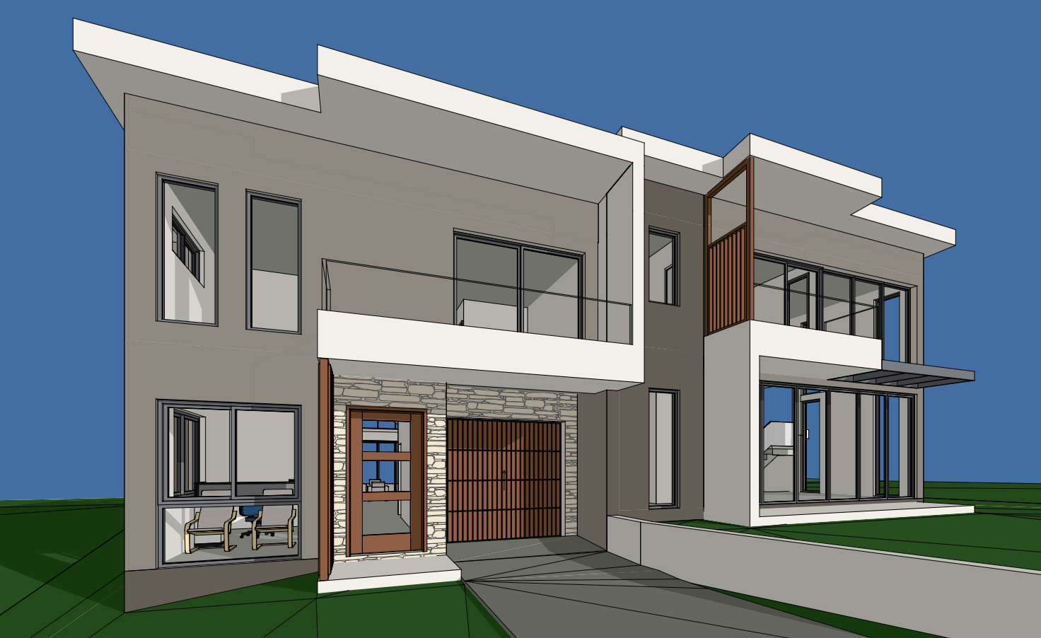 Digital rendering of a modern two-story house with large windows, balconies, and a garage, set against a blue sky with green lawn.